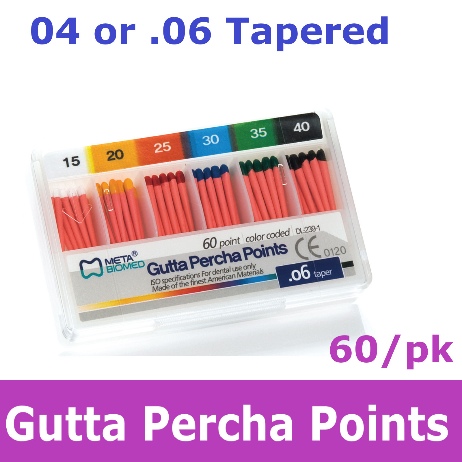 Dental GUTTA PERCHA Points Taper .04 or .06, 60/pk, #10 15 20 30 45 15/40 45/80