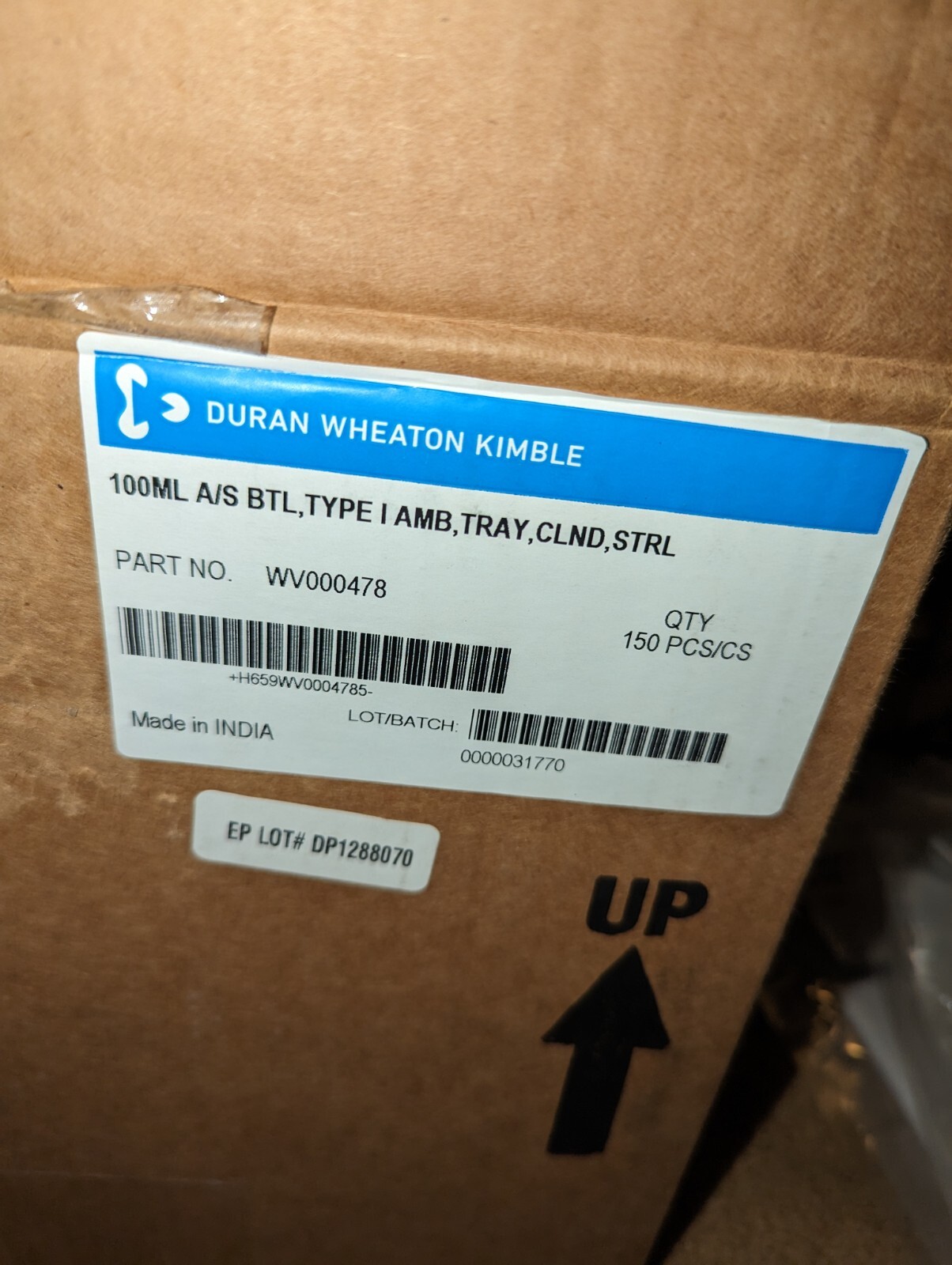 Duran Wheaton Kimble 100ml a/s btl,type I amb,tray,clnd,strl (sealed tray/25)