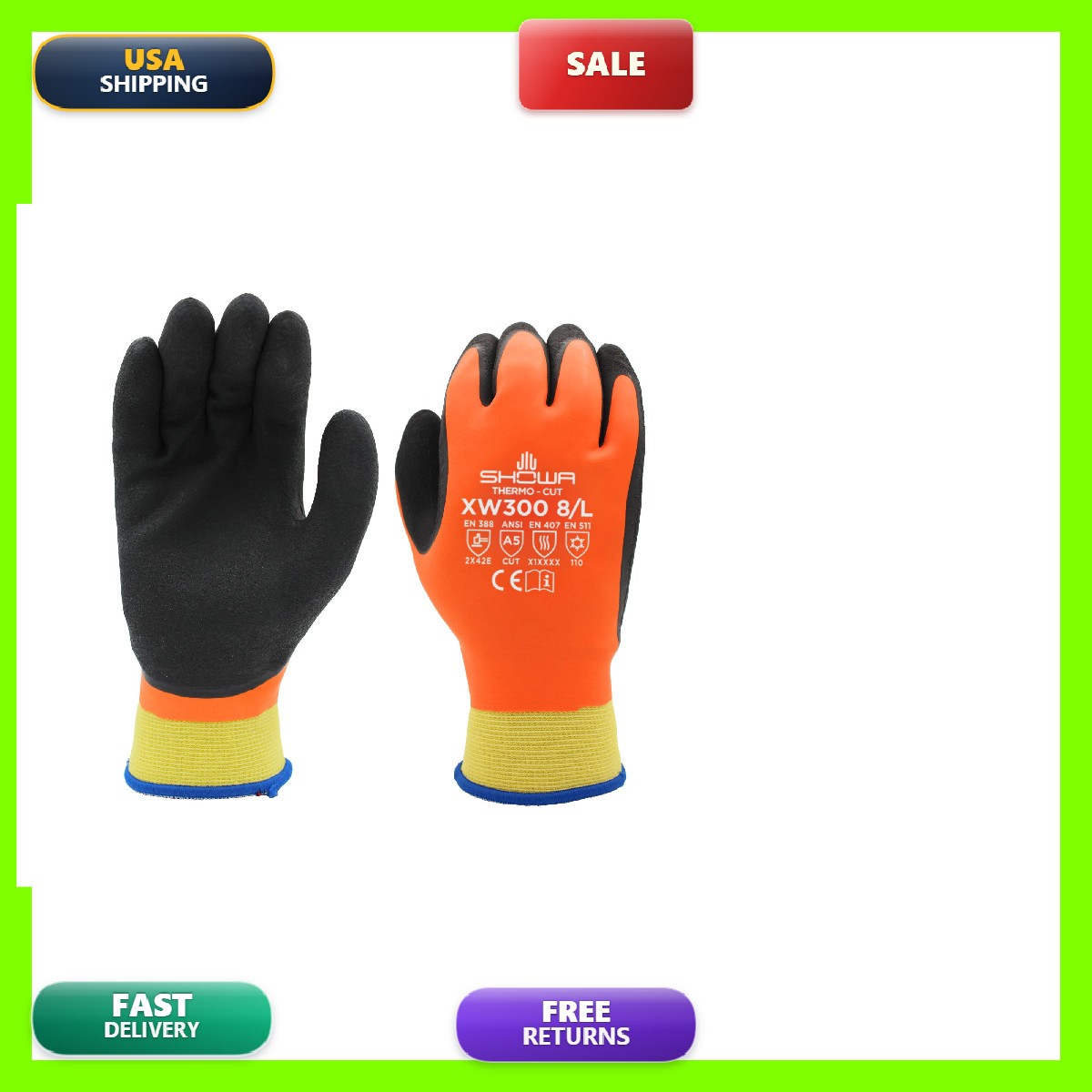 Showa Xw300 Insulated Winter Work Gloves Ansi A5 Cut Resistant Thermal Crinkle