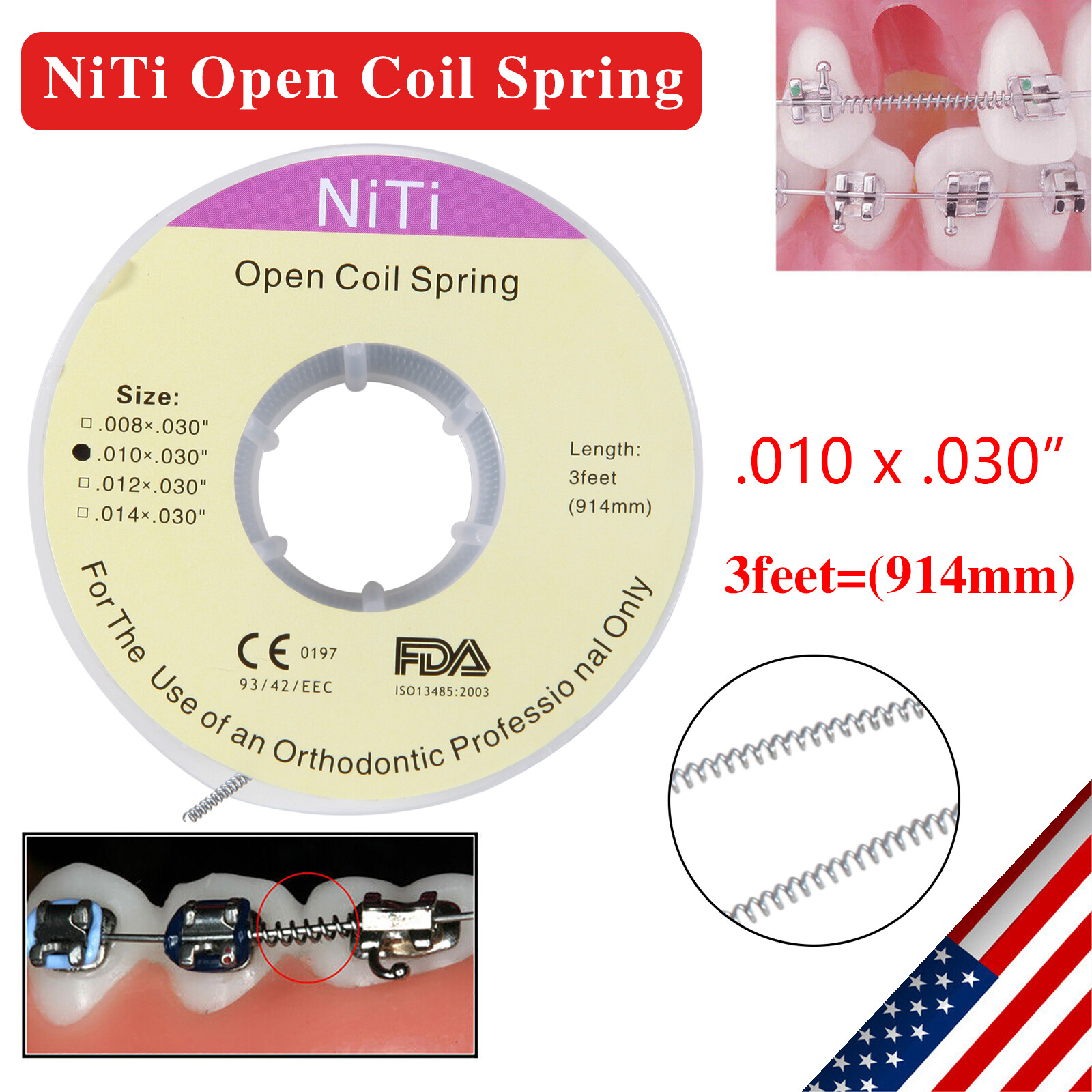 Dental Orthodontic Niti Open Coil Spring Spool Dia.010 Inch 914 mm 3 Feet ns