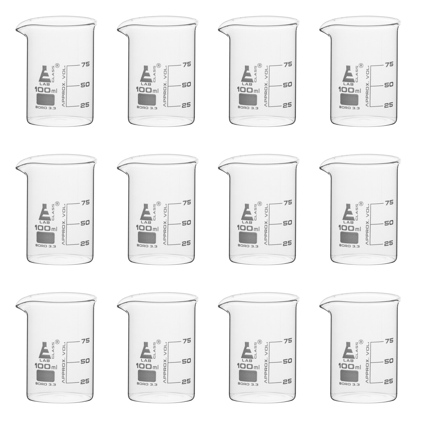 Eisco 100ml Beakers, Low Form, 25ml Graduations – Borosilicate Glass – 12Pack