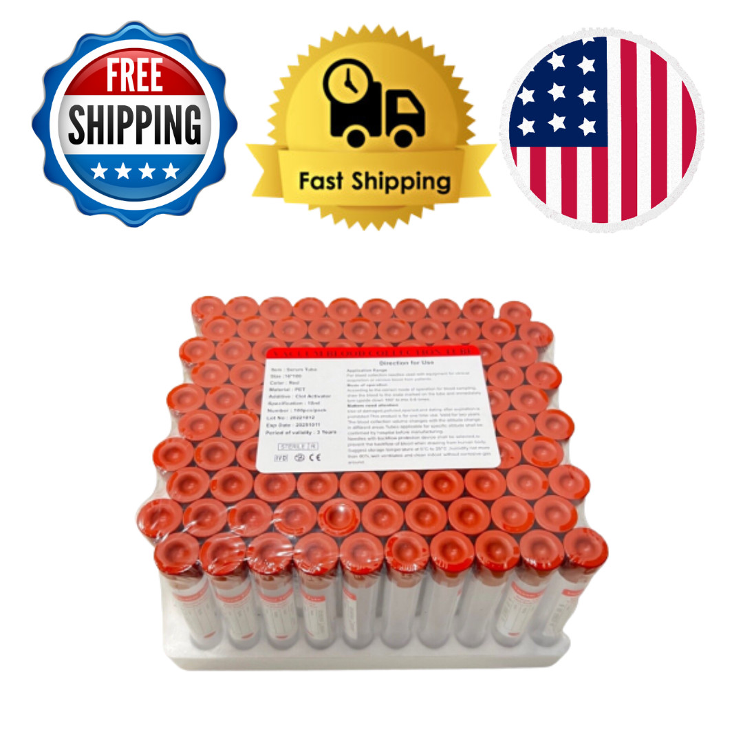 100 Pcs Vacuum Blood Collection Tube Clot Activator 10ML RUBBER RED TOP EXP 2025