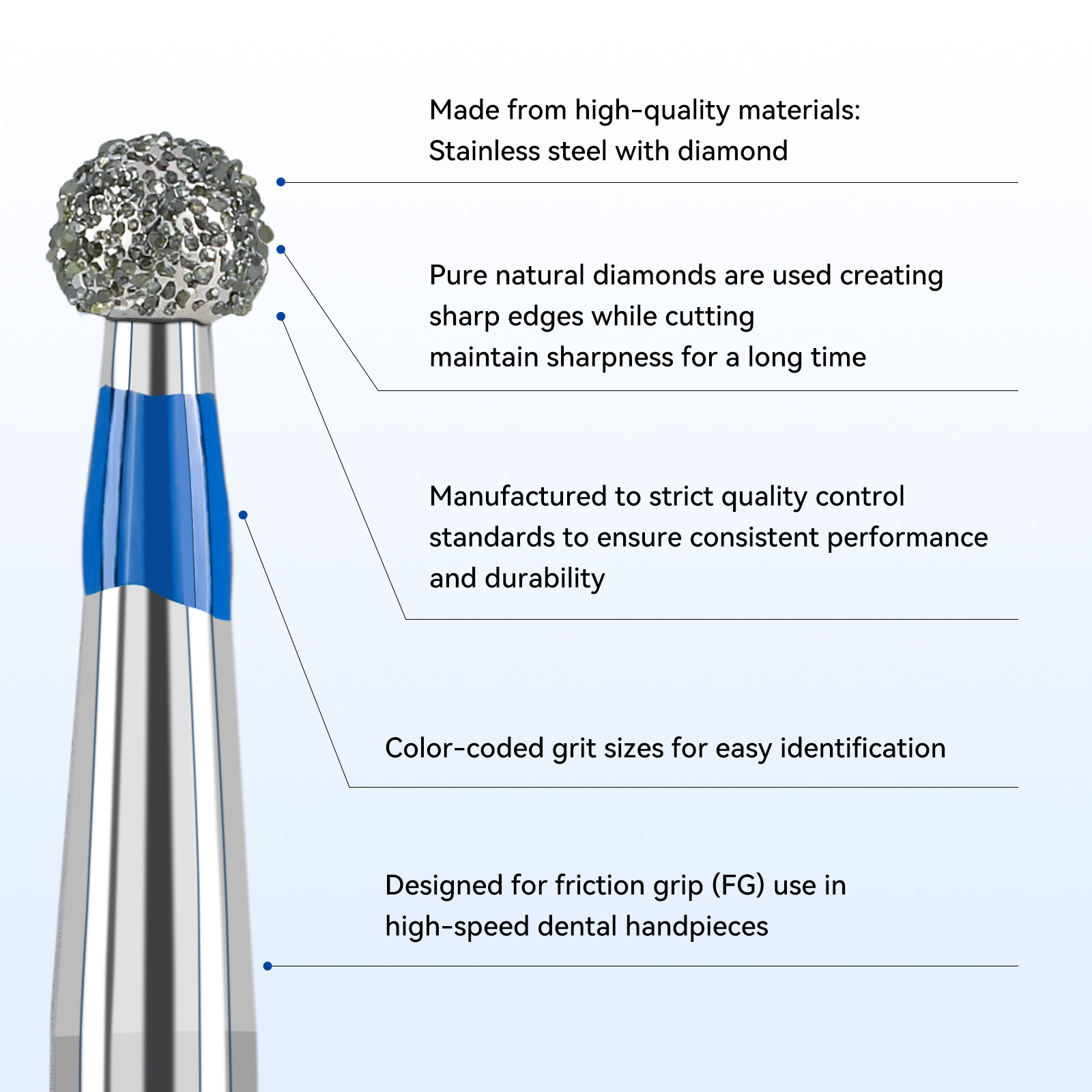 5Pcs/Pk JMU Dental FG Diamond Burs For High Speed Handpiece Medium Grit Round