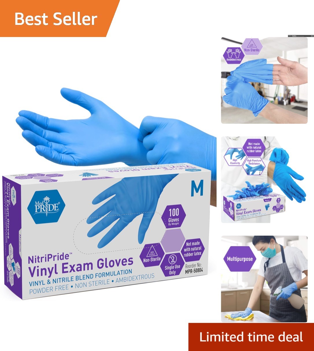 Blue Nitrile/Vinyl Exam Gloves, Powder-Free, Latex-Free, Disposable, Box of 100