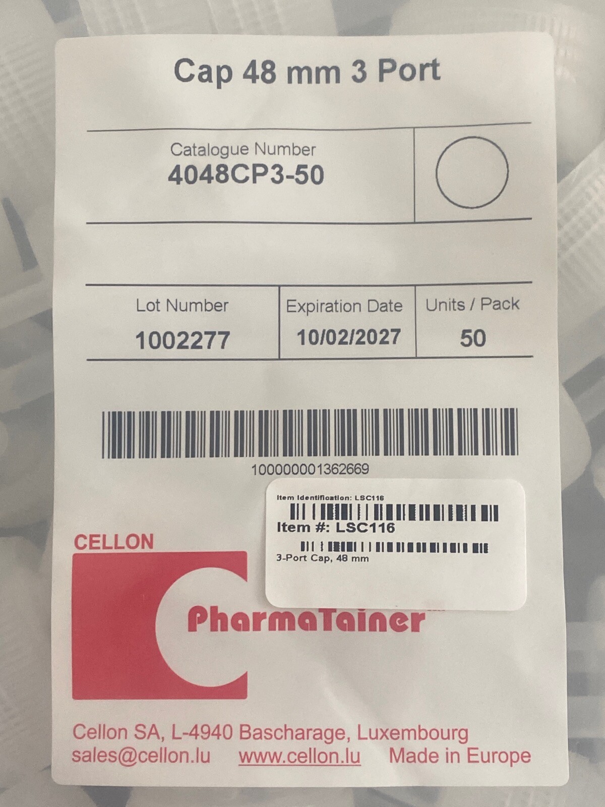 (50/Pk) CELLON PharmaTainer 48mm 3-Port Screw Caps 4048CP3-50