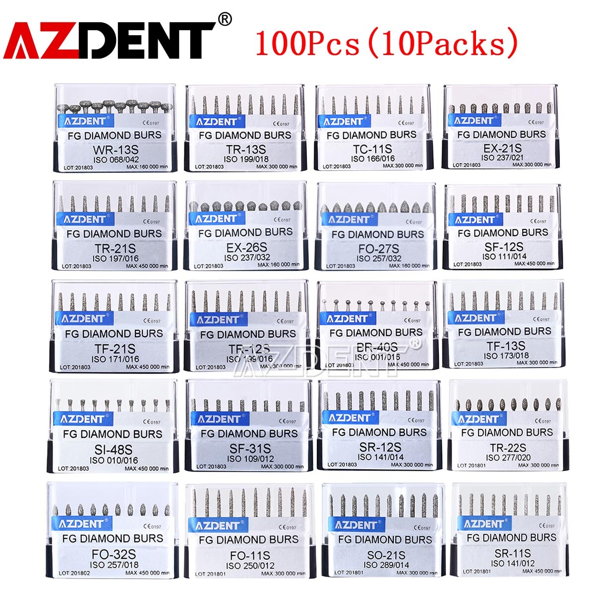 100Pcs AZDENT Dental Diamond Burs Polishing FG Burs for High Speed Handpiece