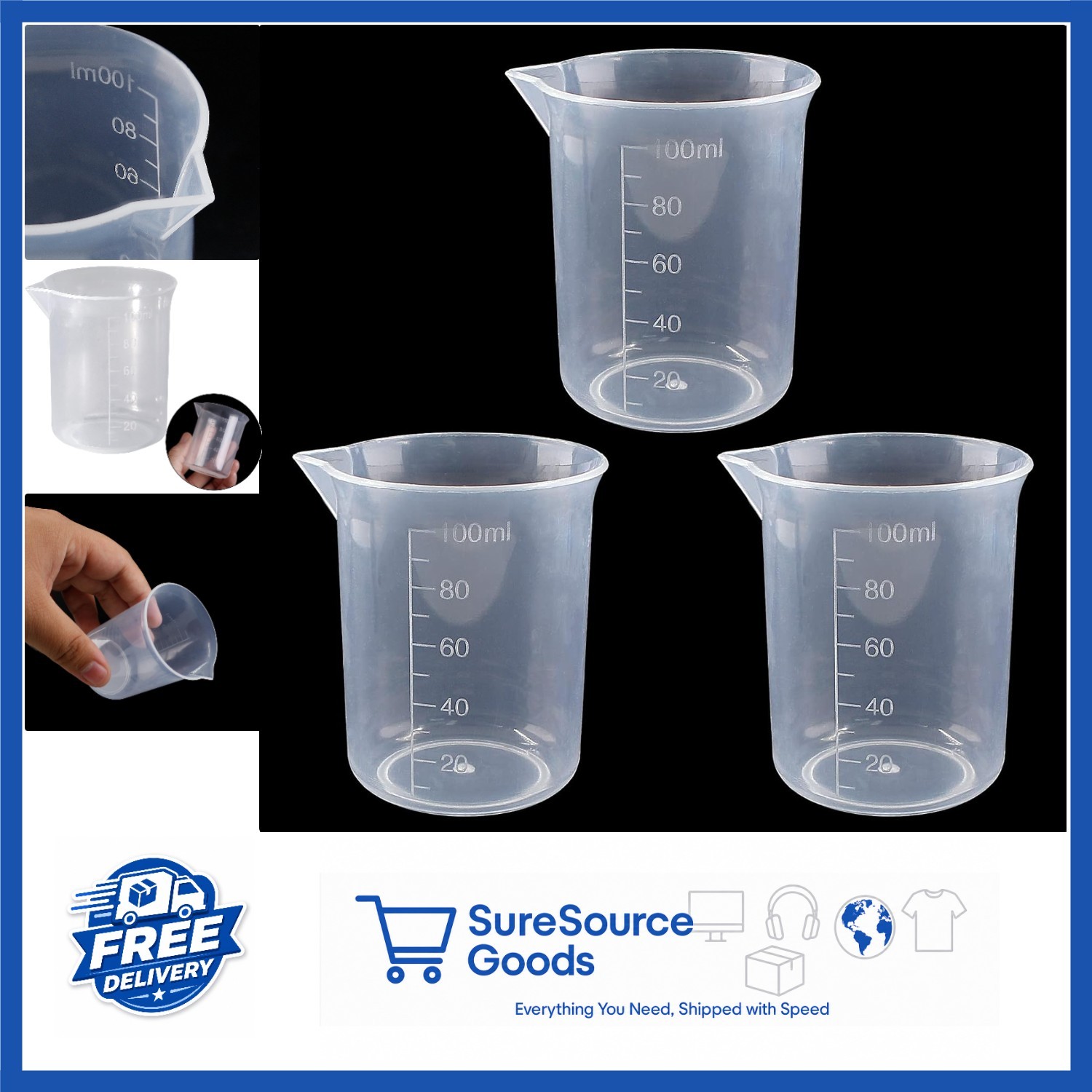 100ml Plastic Graduated Beaker 3 Pack Transparent Measuring Cup for Kitchen