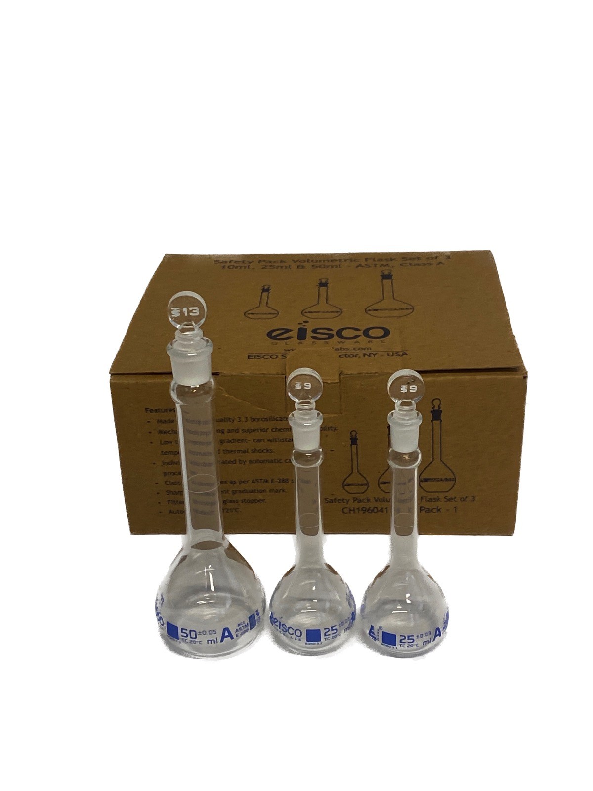 New EISCO 25mL 25mL & 50mL Class A Glass Volumetric Flasks w/ Stoppers CH0441