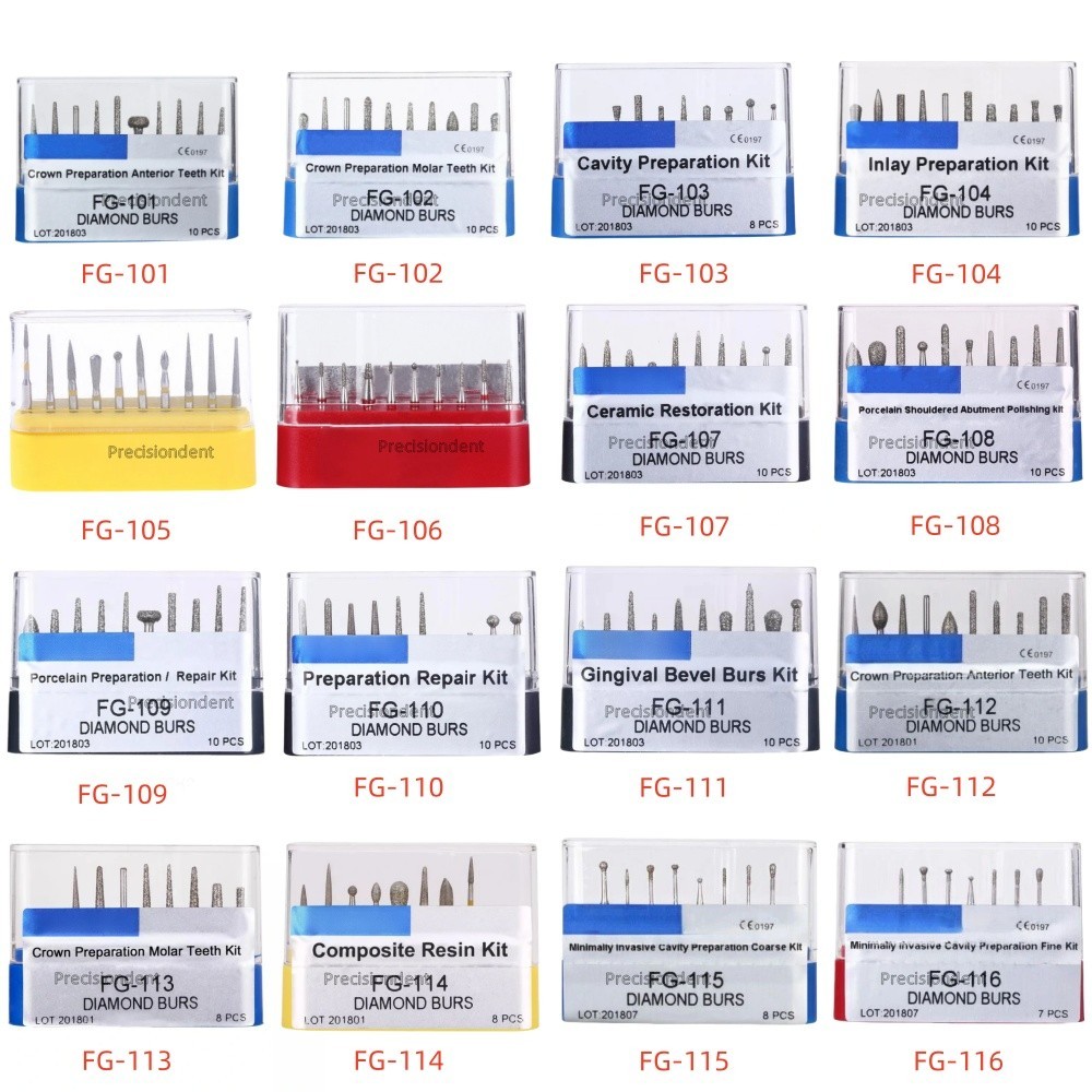Dental Diamond Burs Kit Polishing for High Speed Handpiece FG 101-FG 117 FG Bur