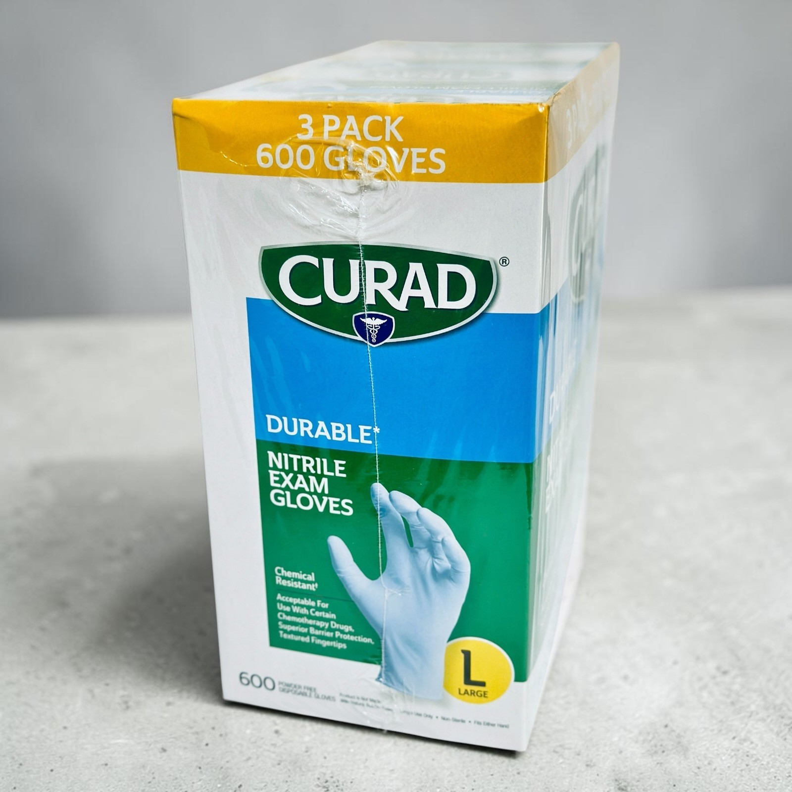 CURAD Durable Nitrile Exam Gloves, Large, 600 Count (3 boxes x 200 ct)