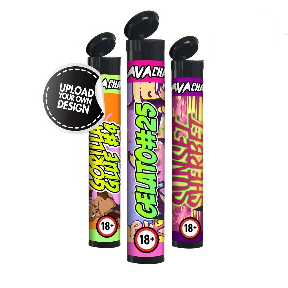 Custom Pre Roll Tubes with Vinyl Logo Labels – Child Resistant 98mm Pop Top Bulk