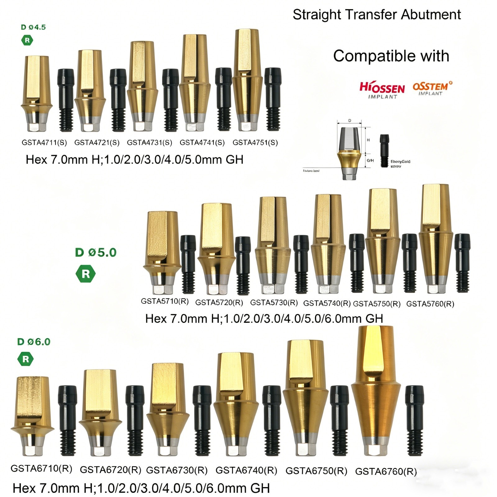 Regular Hex Straight Titanium Abutment for Cement Retained Crown Fits Hiossen ET