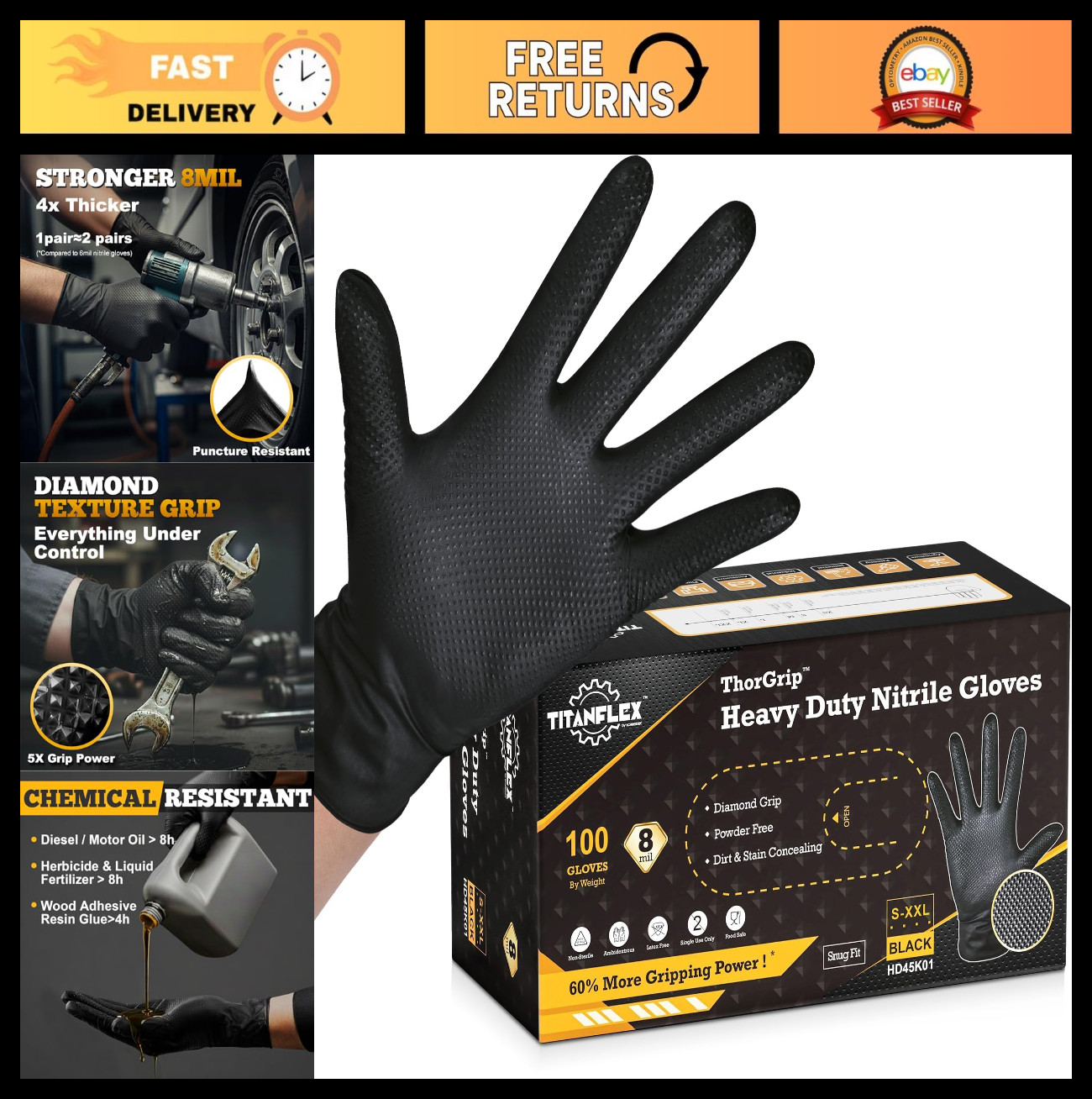 Heavy Duty Black Nitrile Gloves – Industrial, Latex Free, Raised Diamond Texture