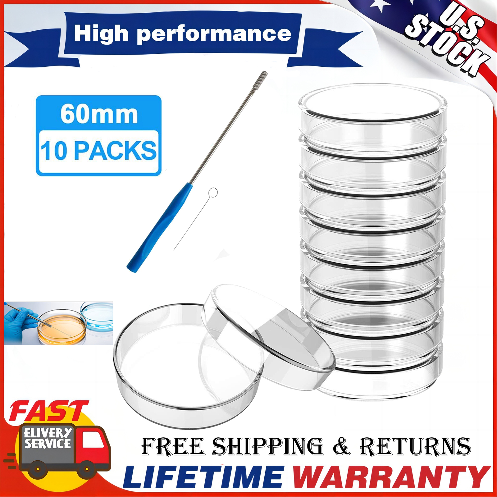 10Pcs 60mm Glass Petri Dishes w/ Lids Autoclavable Lab Petri Plates Reusable USA
