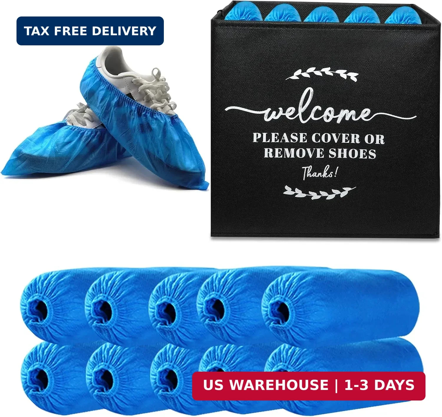 Blue Disposable Shoe Booties Covers Non Slip with Fabric Storage Box, Waterproof