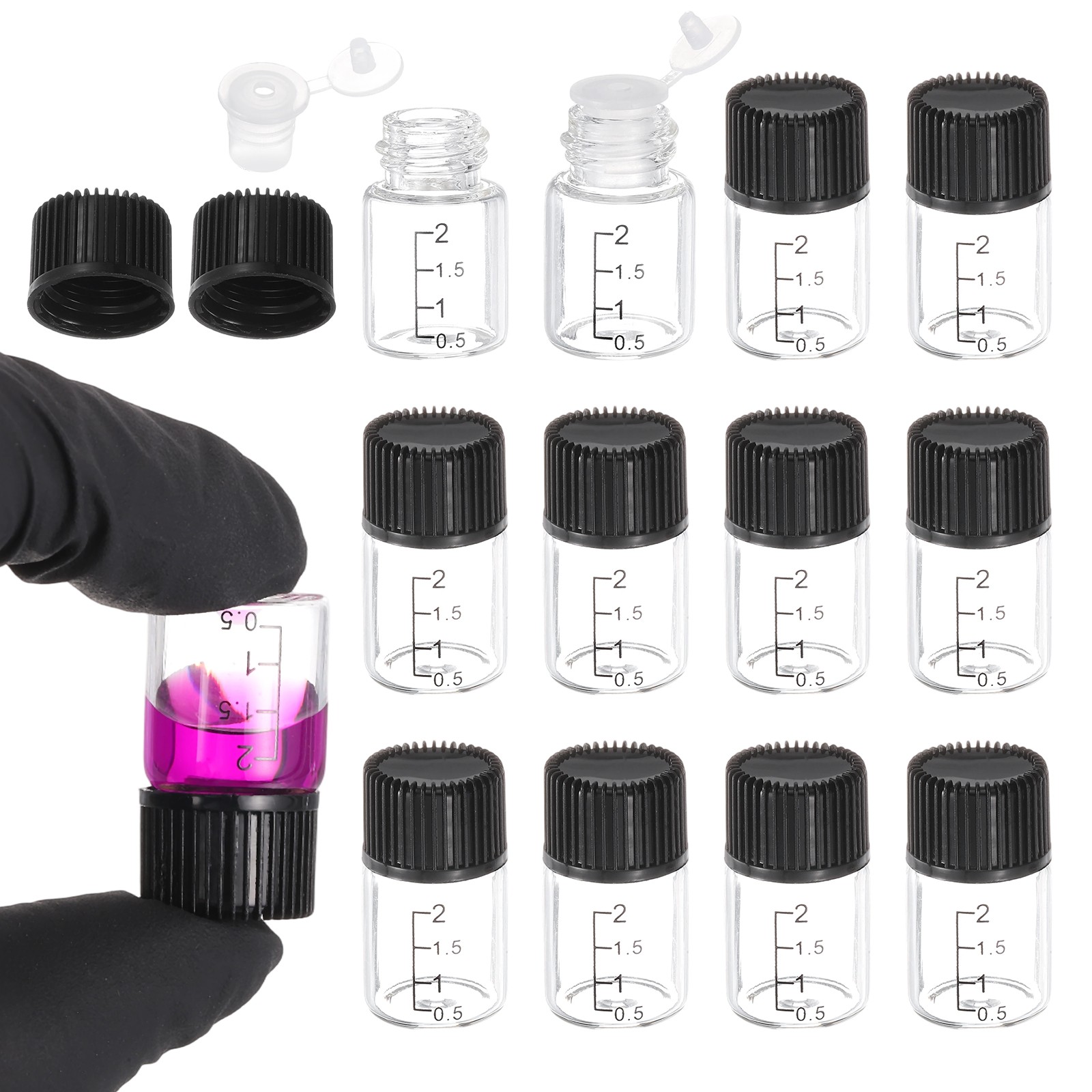 12 Pcs Clear Glass Graduated Vials, 2ml Small Liquid Sample Vial, Black