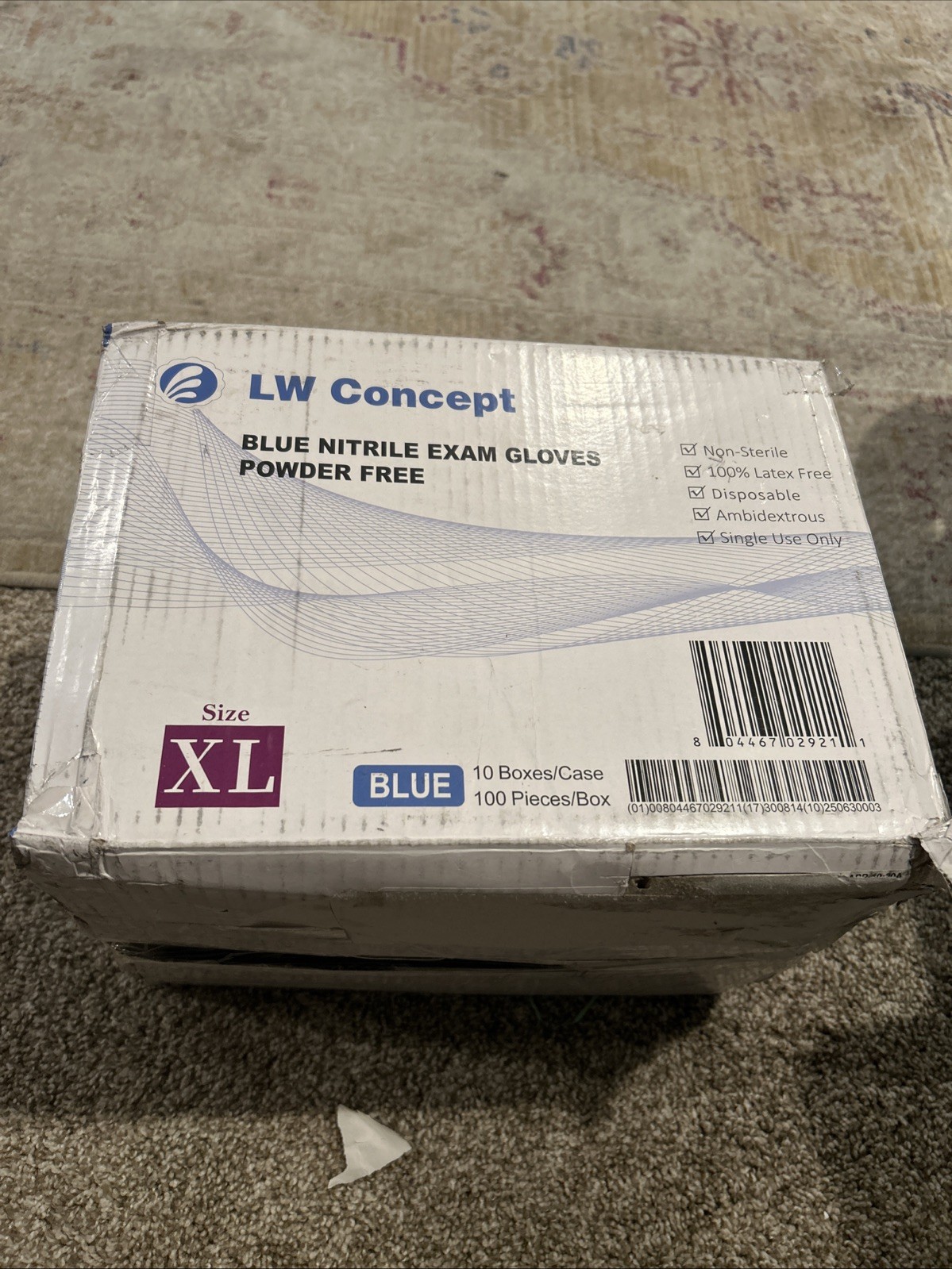 LW Concept Blue Nitrile Exam Gloves Powder Free XL Blue 10 Box Case