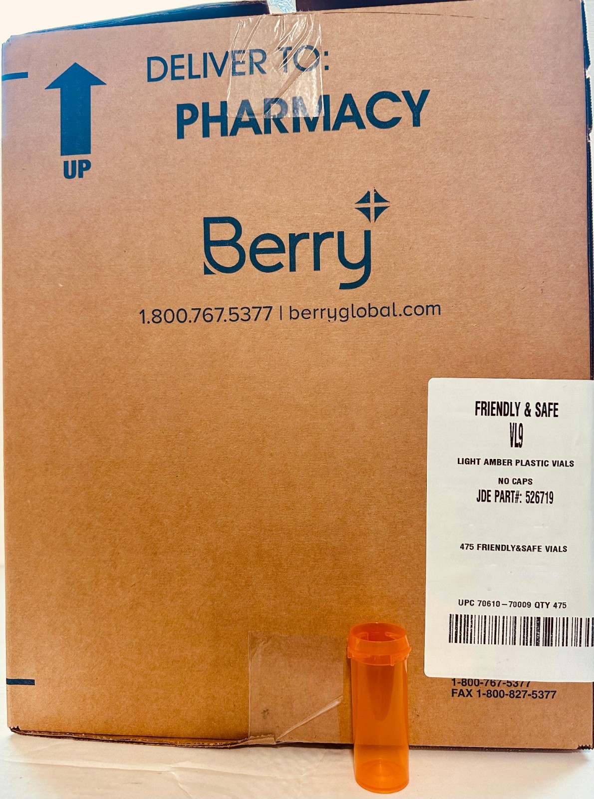 Berry Friendly & Safe VL9 Light Amber Plastic Vials No caps 9 Dram Case 475