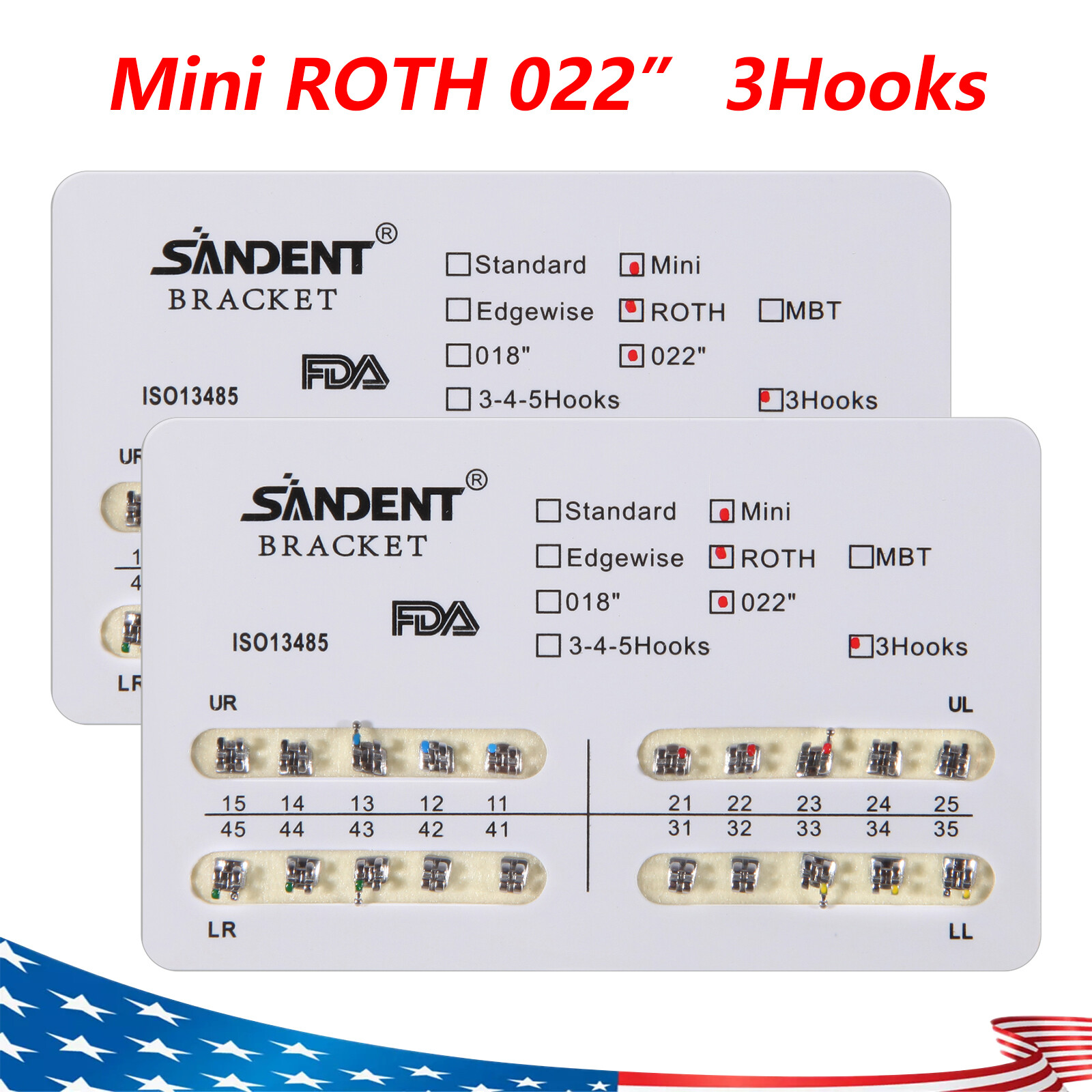 200Pcs Dental Ortho Brackets Braces Mini Roth Slot.022 3-Hooks Metal #3