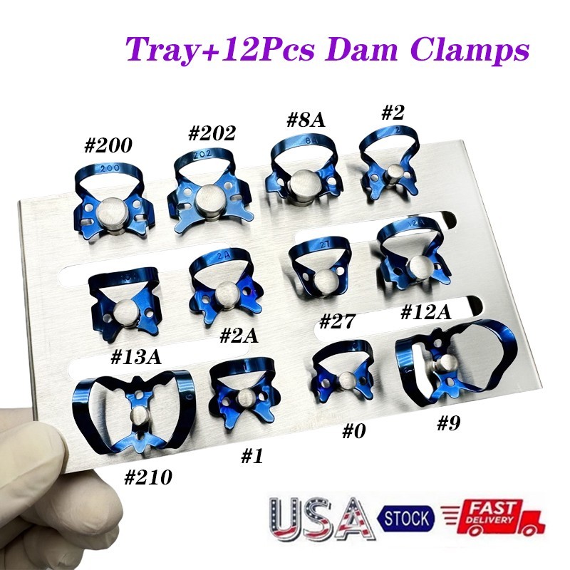 Dental Endodontic Rubber Dam Clamp Blue 12Pc/Kit With Sliver Tray Holder USA