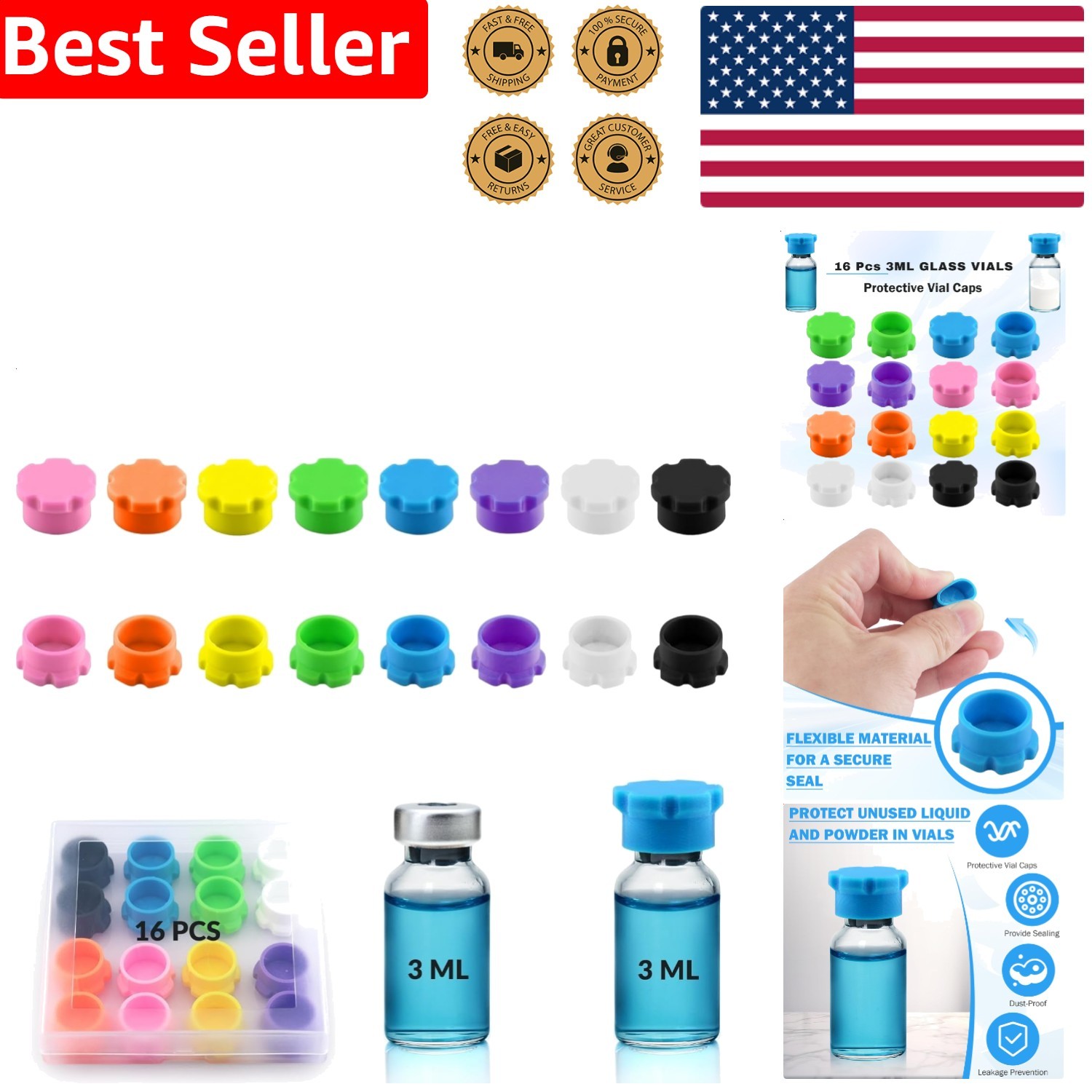 16Pcs 3ml Glass Vial Caps Silicone Protective Reusable Covers for Peptide Labs