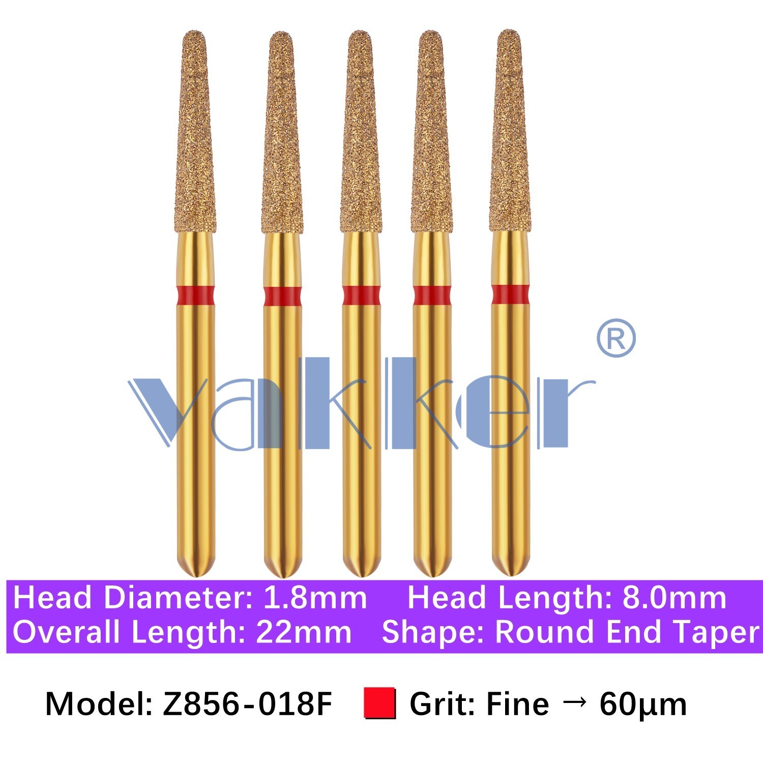 5/pk Dental Zirconia Diamond Burs & Holder 856-018F Fine Girt Round End Taper