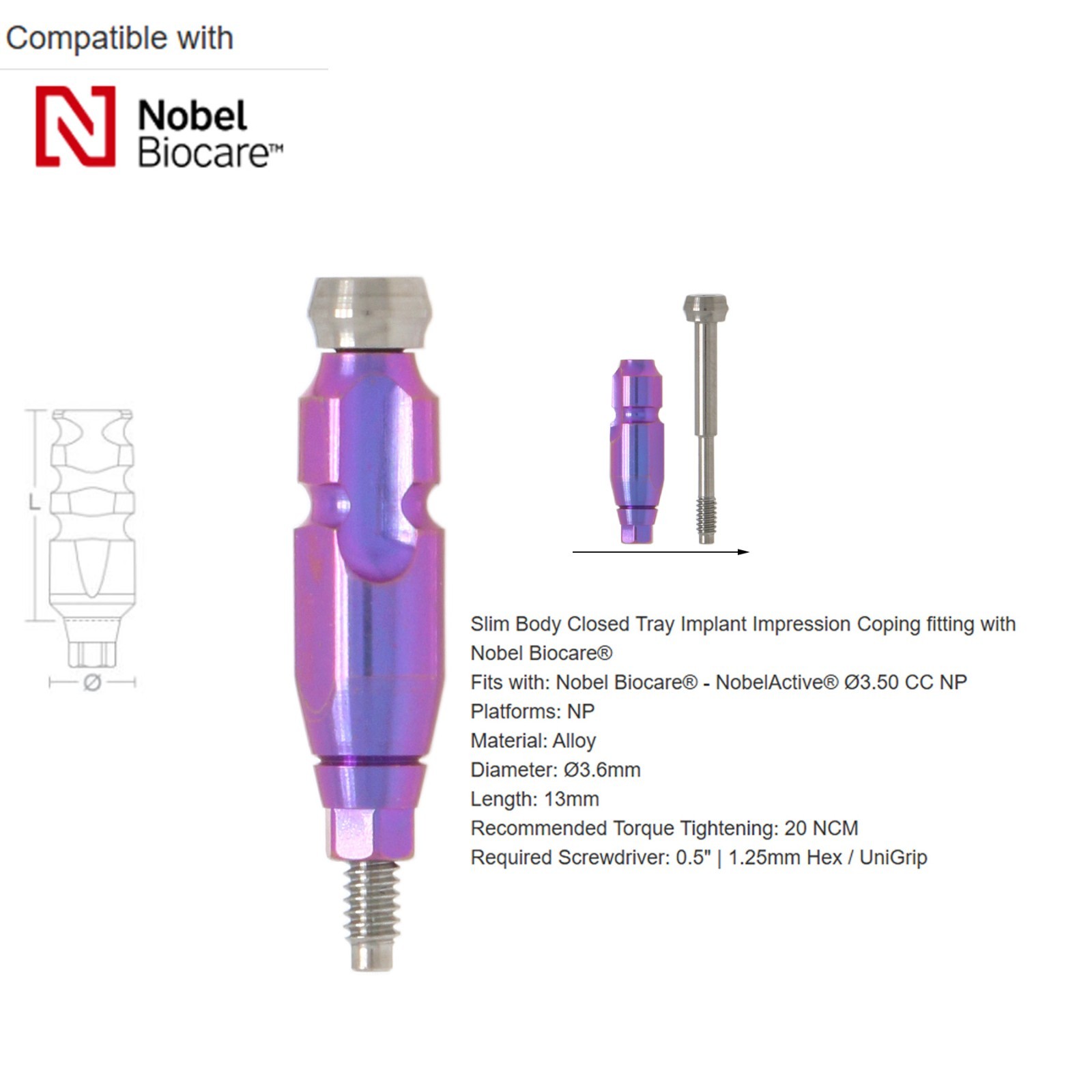 US Nobel Biocare Compatible Impression Coping Closed Tray Conical Connection NP