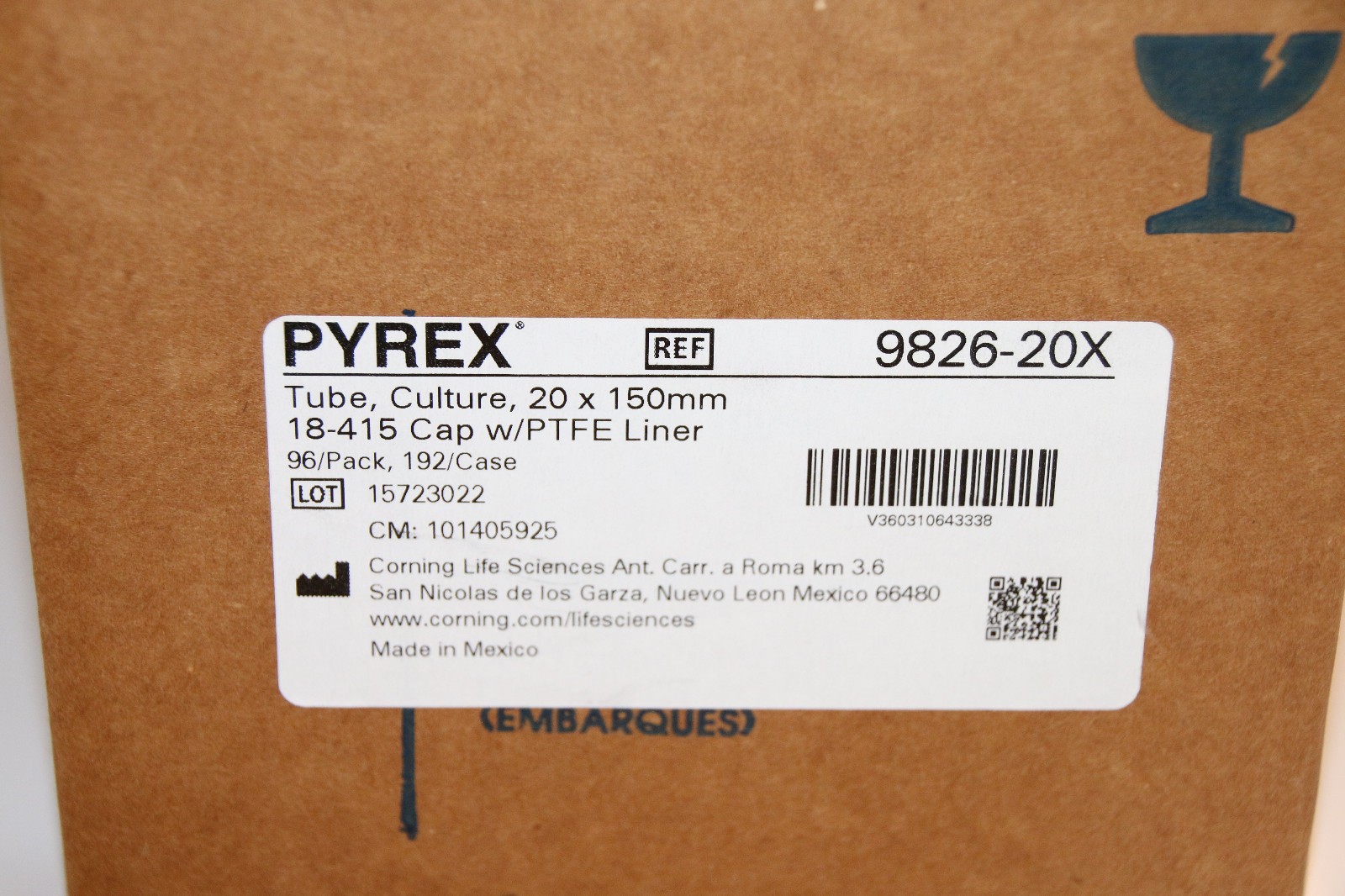 PYREX Corning Culture Tubes 20x150mm & Caps w/ PTFE Liner, 9826-20X New, 96/box