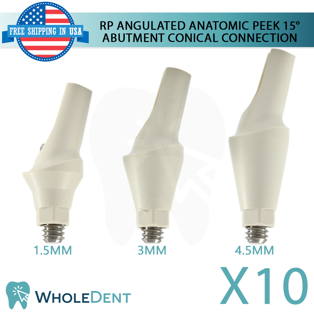 10x Dental Angulated 15° Anatomic Temporary Peek Prosthetic RP Conical 2.65mm