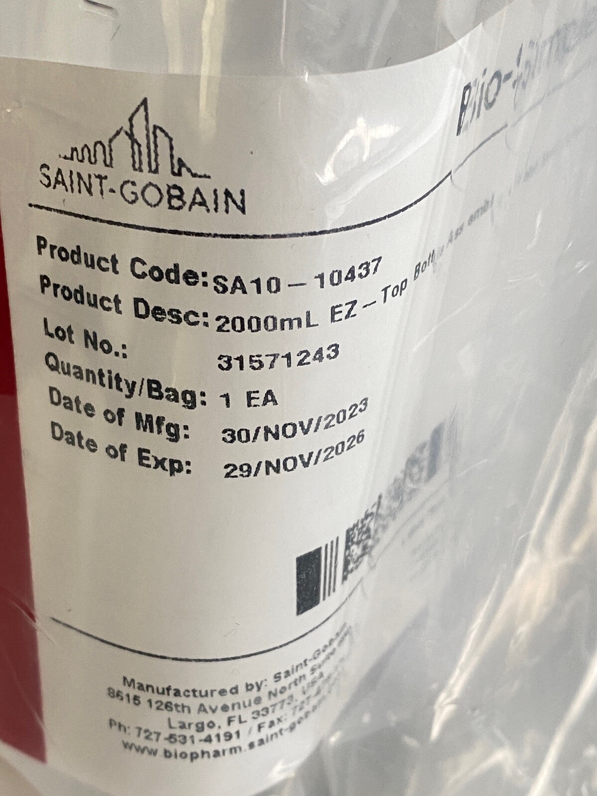 SAINT-GOBAIN Bio-Simplex 2L EZ-Top Bottle Assembly Tube Sealed End SA1010437