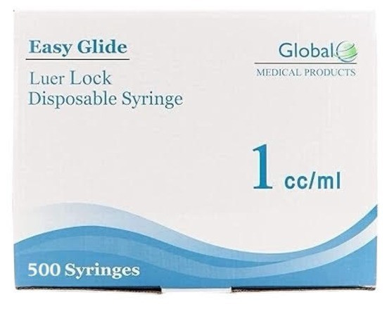 Easy Glide 1ml 1cc Sterile Syringe Luer Lock Tip, No Needle, Pack of 500