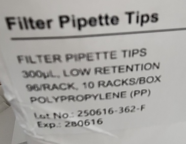 Filtered Pipette Tips 300ul/Box of 960 tips/Exp: 06/16/2028