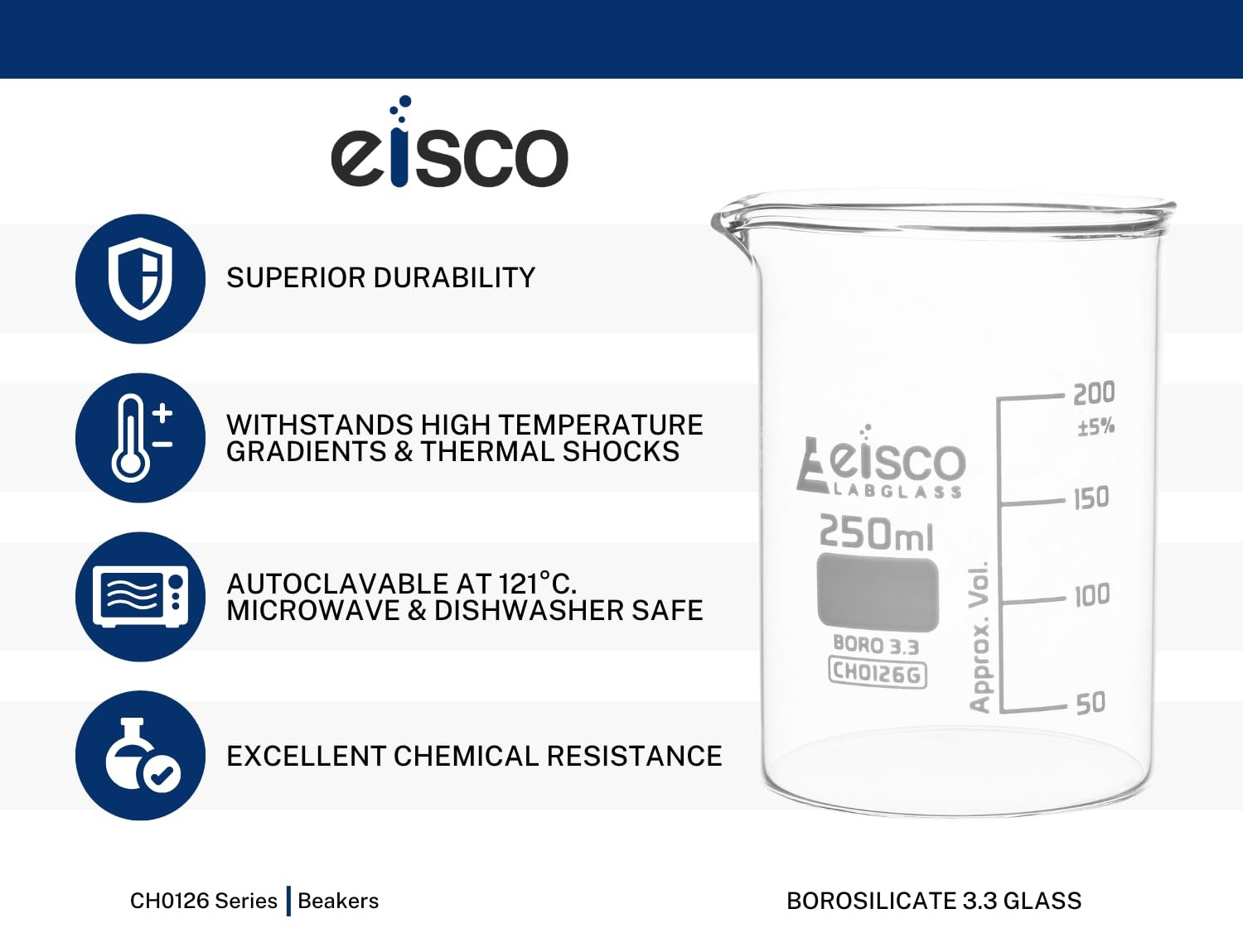 EISCO Beaker, 500ml – Low Form with Spout – White, 50ml Graduations -…