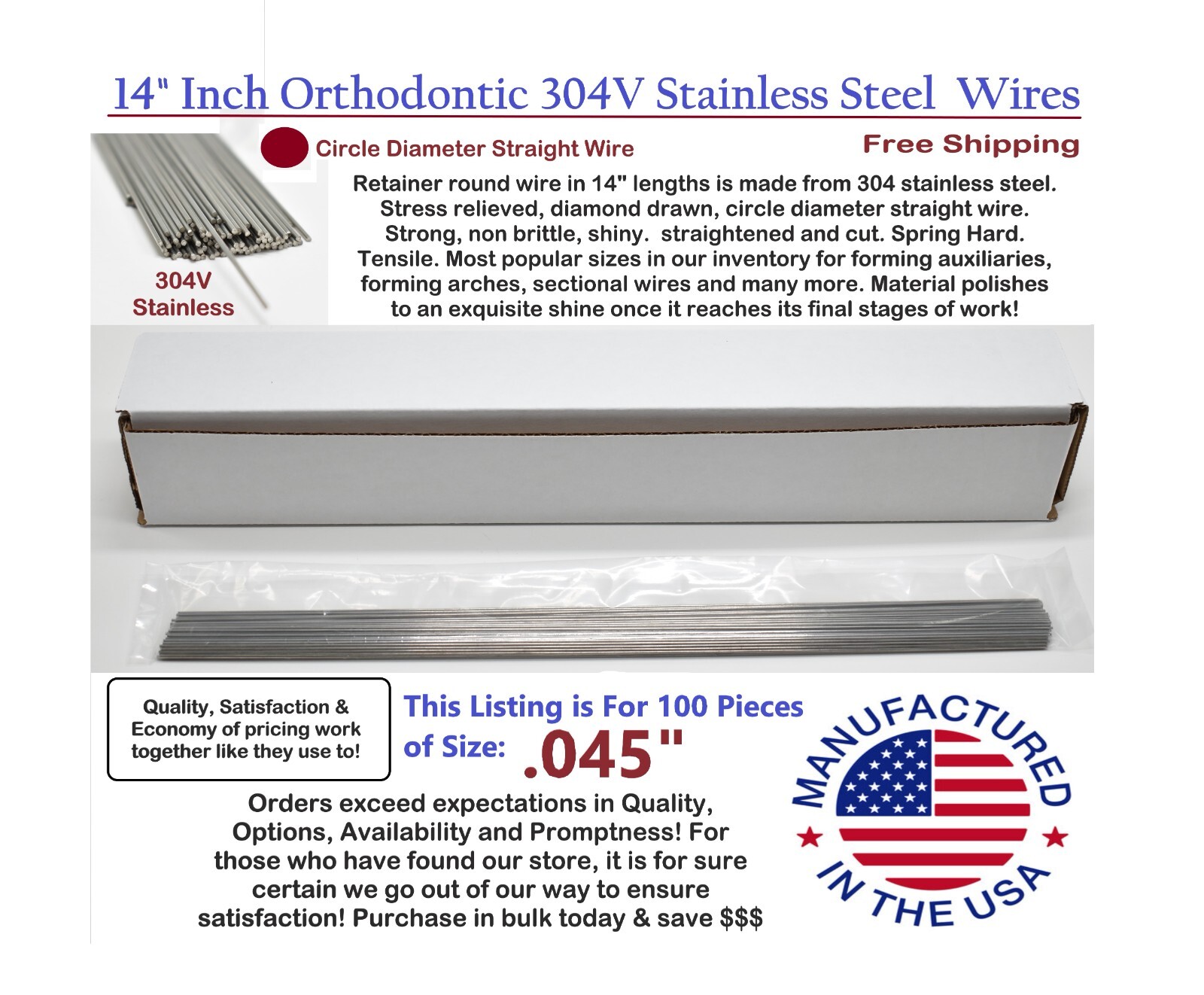 Orthodontic Stainless Steel Straight Lengths .045″ Wire SS 14» Lengths 100 Pack