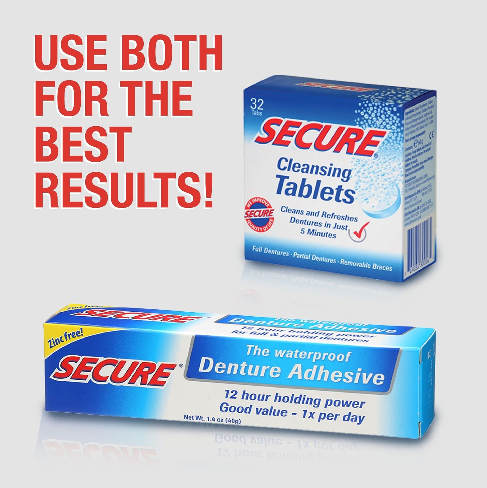 Secure Waterproof Denture Adhesive – Zinc Free – 1.4 Ounce (Pack of 2), White