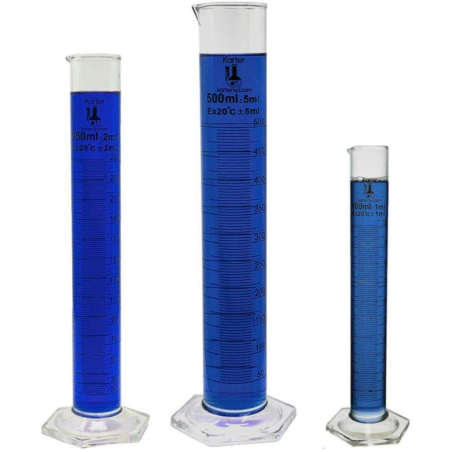Glass Graduated Cylinder Set, 3 Sizes – 100, 250, 500ml, Karter Scientific