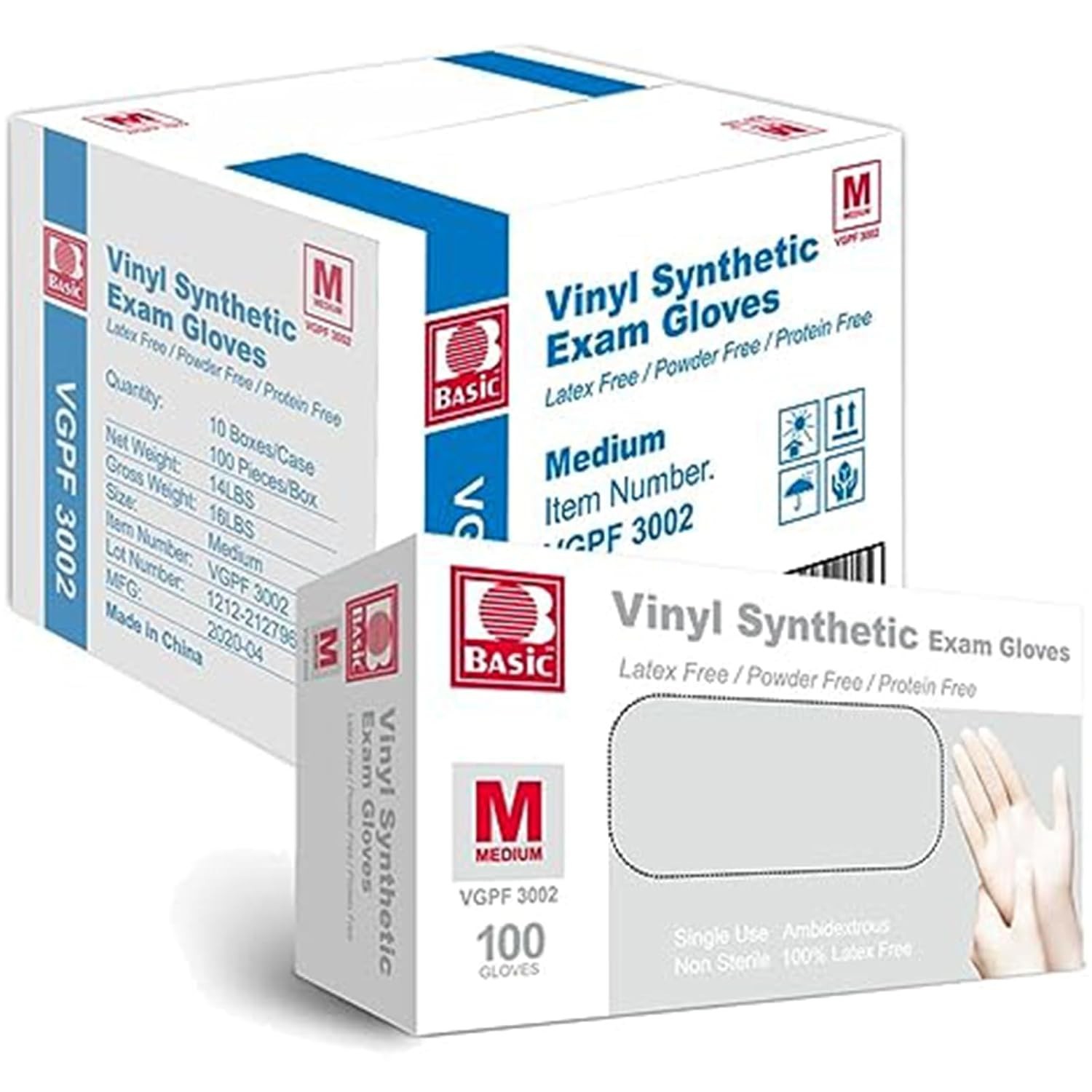 Basic Medical Vinyl Exam Gloves Disposable Latex Free Medium, Powder-Free, Cl…