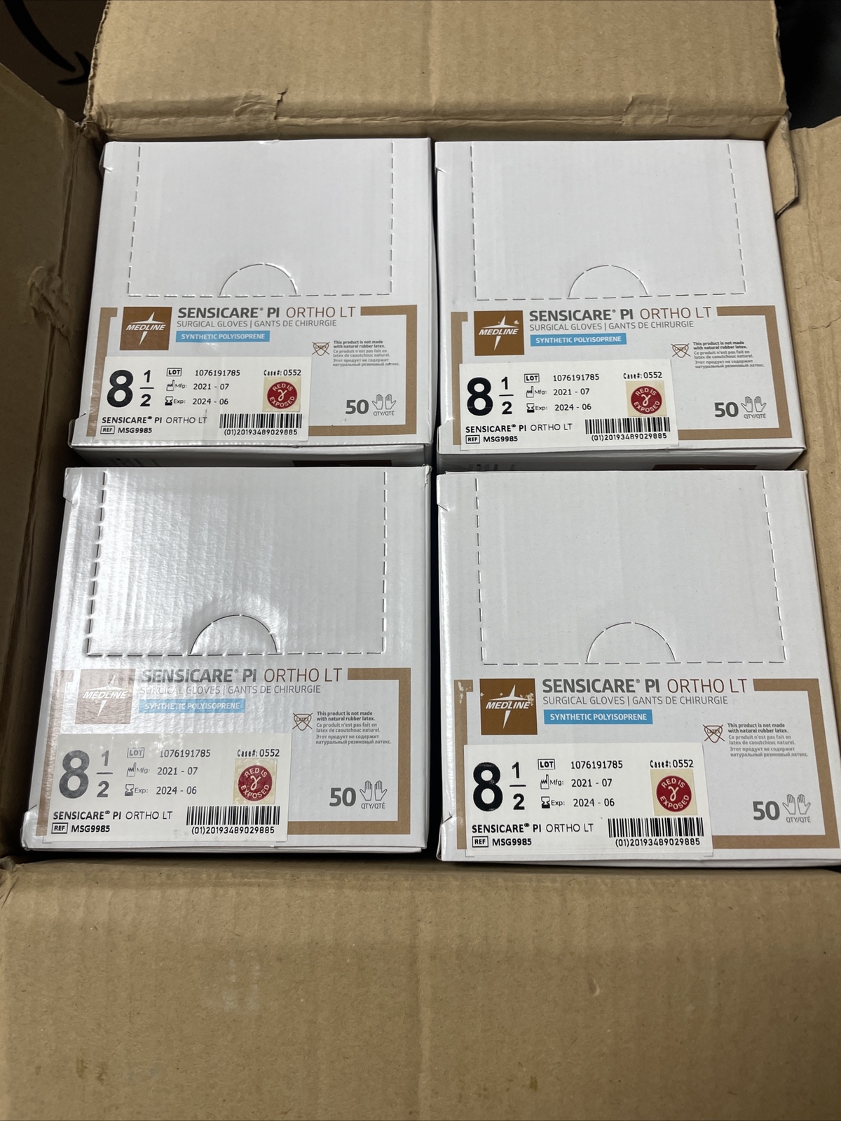 1 Case Sensicare Surgical Gloves PI ORTHO LT Synthetic Sterile Size 8.5 Exp 6/24