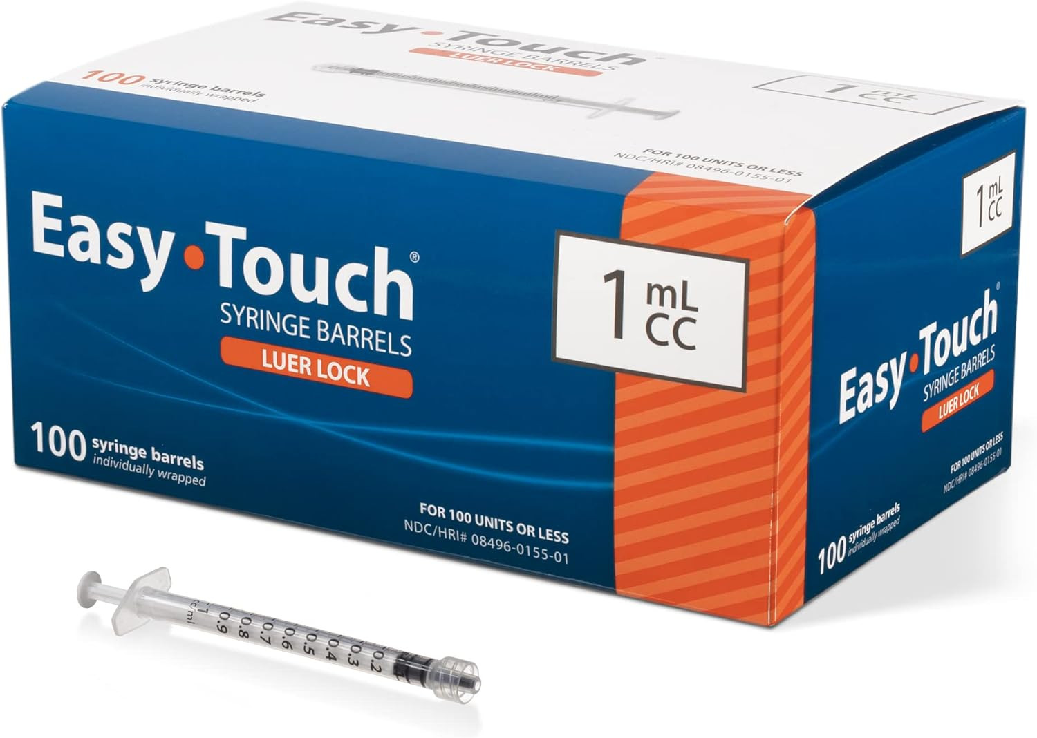 Easytouch Luer-Lock Syringe Barrel, 1ML Syringe, Pack of 100