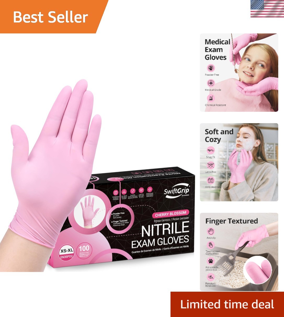 Waterproof Pink Disposable Gloves, Nitrile, 3-mil Thickness, 100 Count Medium