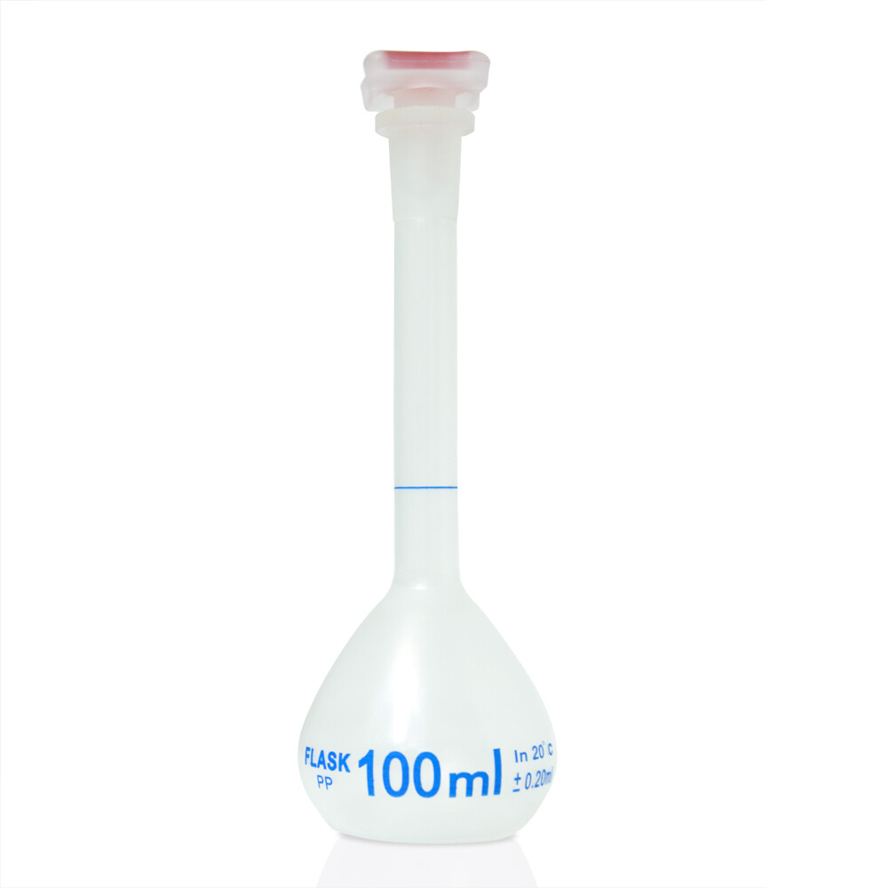 Plastic Volumetric Flask with Plug Cap, 100ml, Polypropylene, Class B (Case 48)