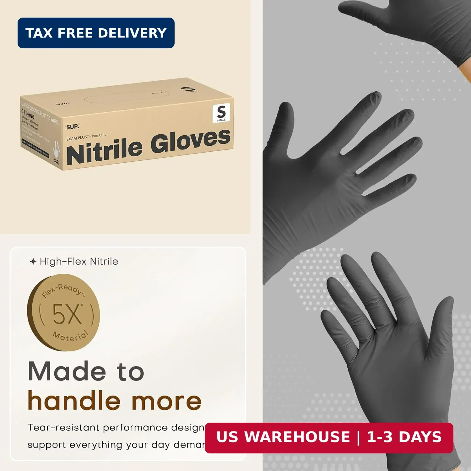 SUP Powder-Free Nitrile Exam Gloves, 100 Count, Food Safe Latex-Free Medical Non