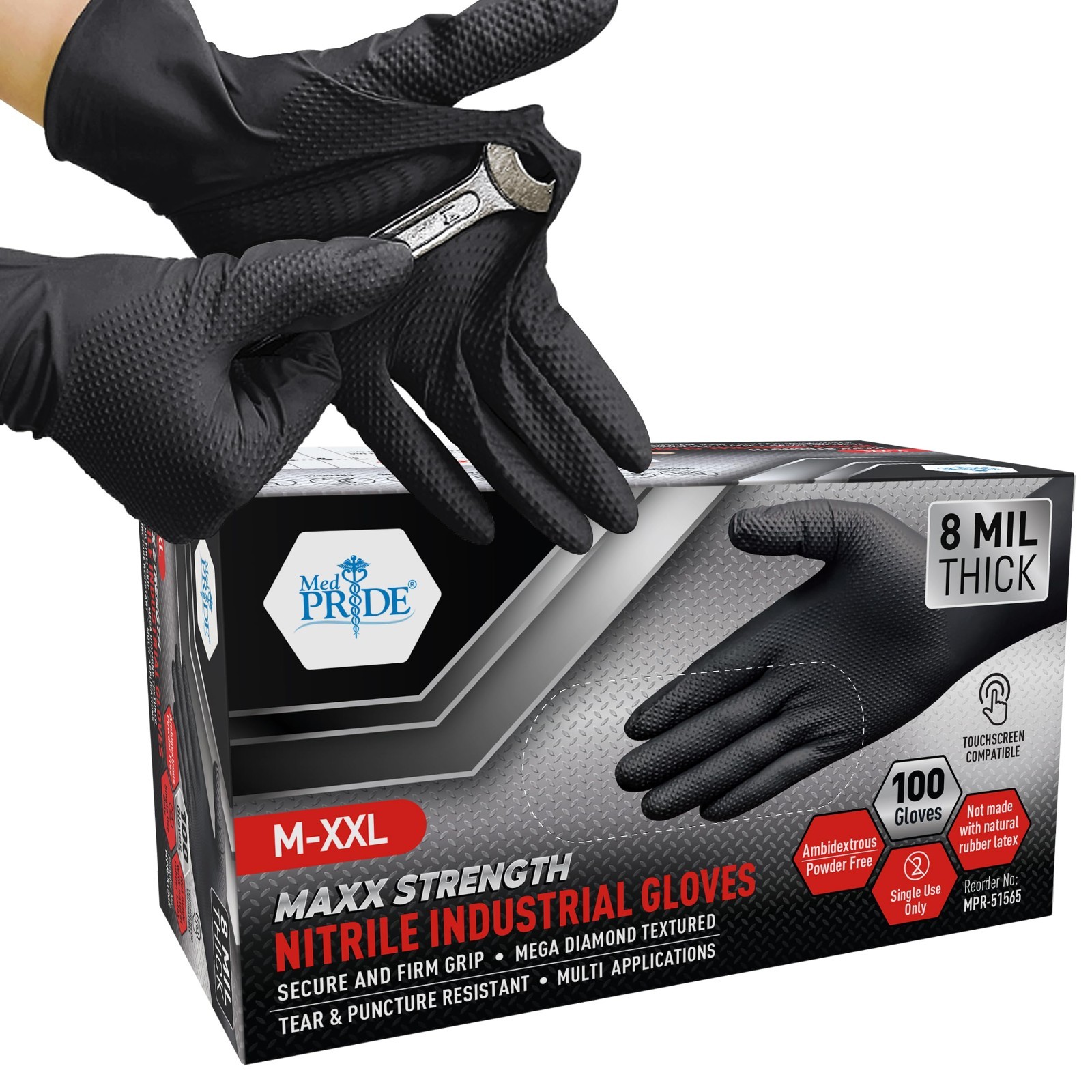 Heavy-Duty Black Nitrile Gloves – 8 Mil Thick, Tear-Resistant, Diamond Texture