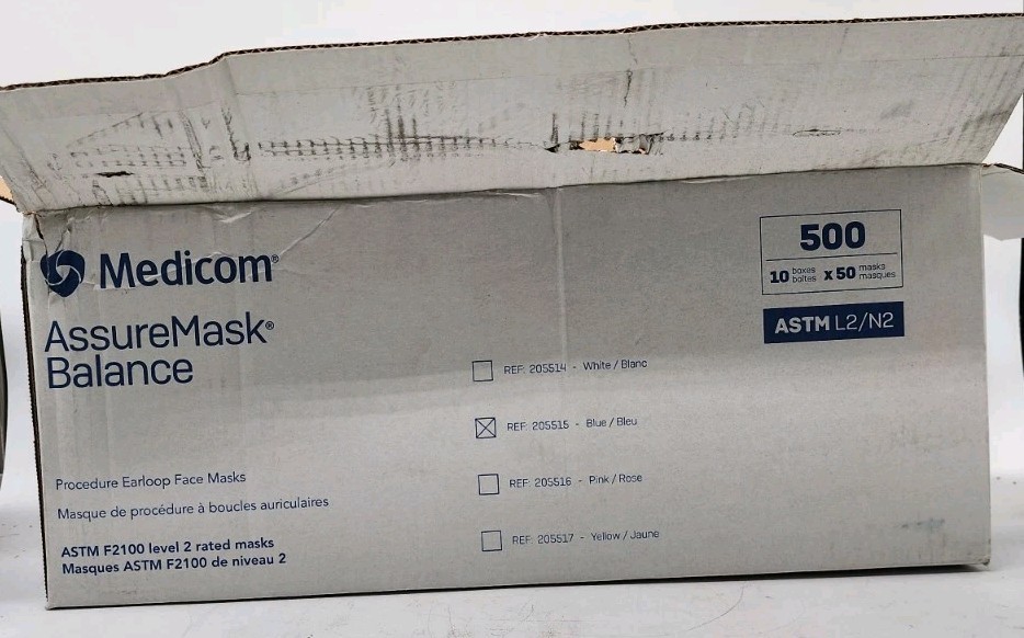 500 Ct Medicom AssureMask Balance ASTM Level 2 Face Masks Blue Earloop 10 Boxes