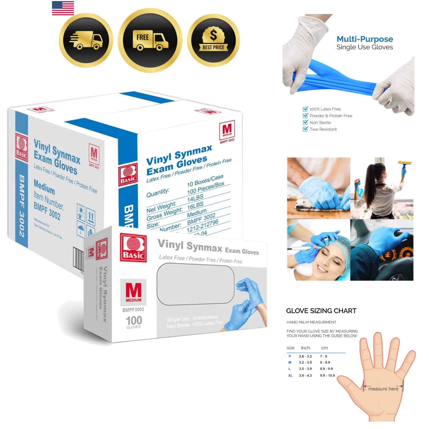 Basic Synmax Vinyl Exam Gloves Disposable Exam Gloves, 4 Mil, Blue, Latex & P…