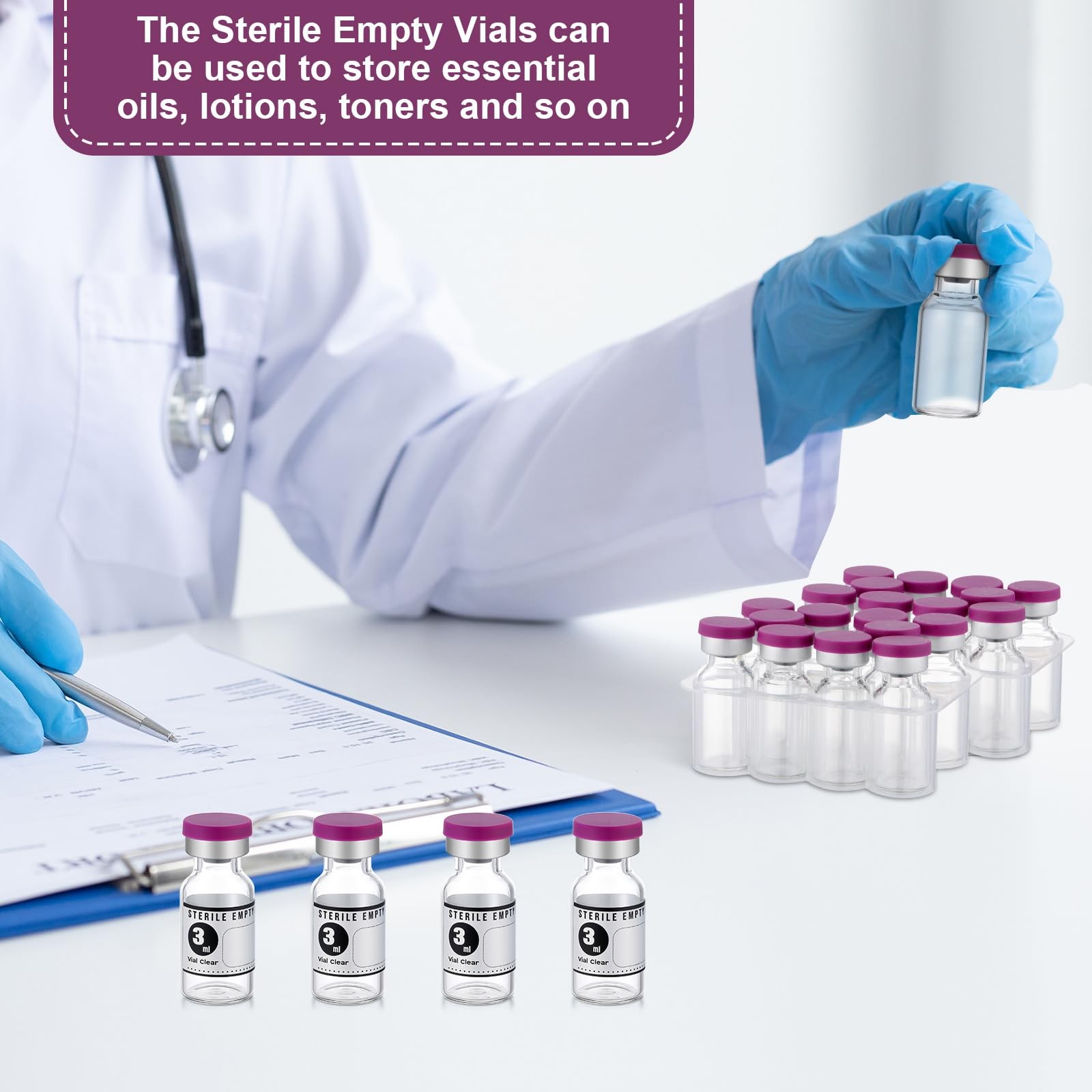 Threlaco 20 Pcs 3ml Sealed Sterile Empty Vials with Self Healing Purple
