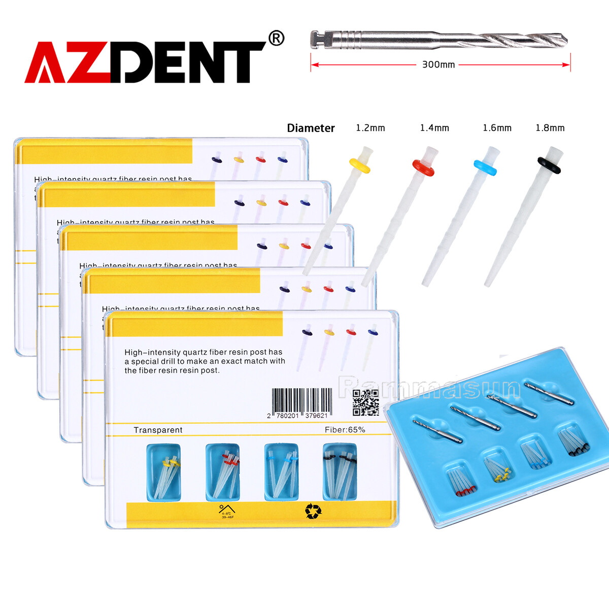 AZDENT Dental Fiber Posts Resin High-intensity Screw Thread Glass 4 Drills