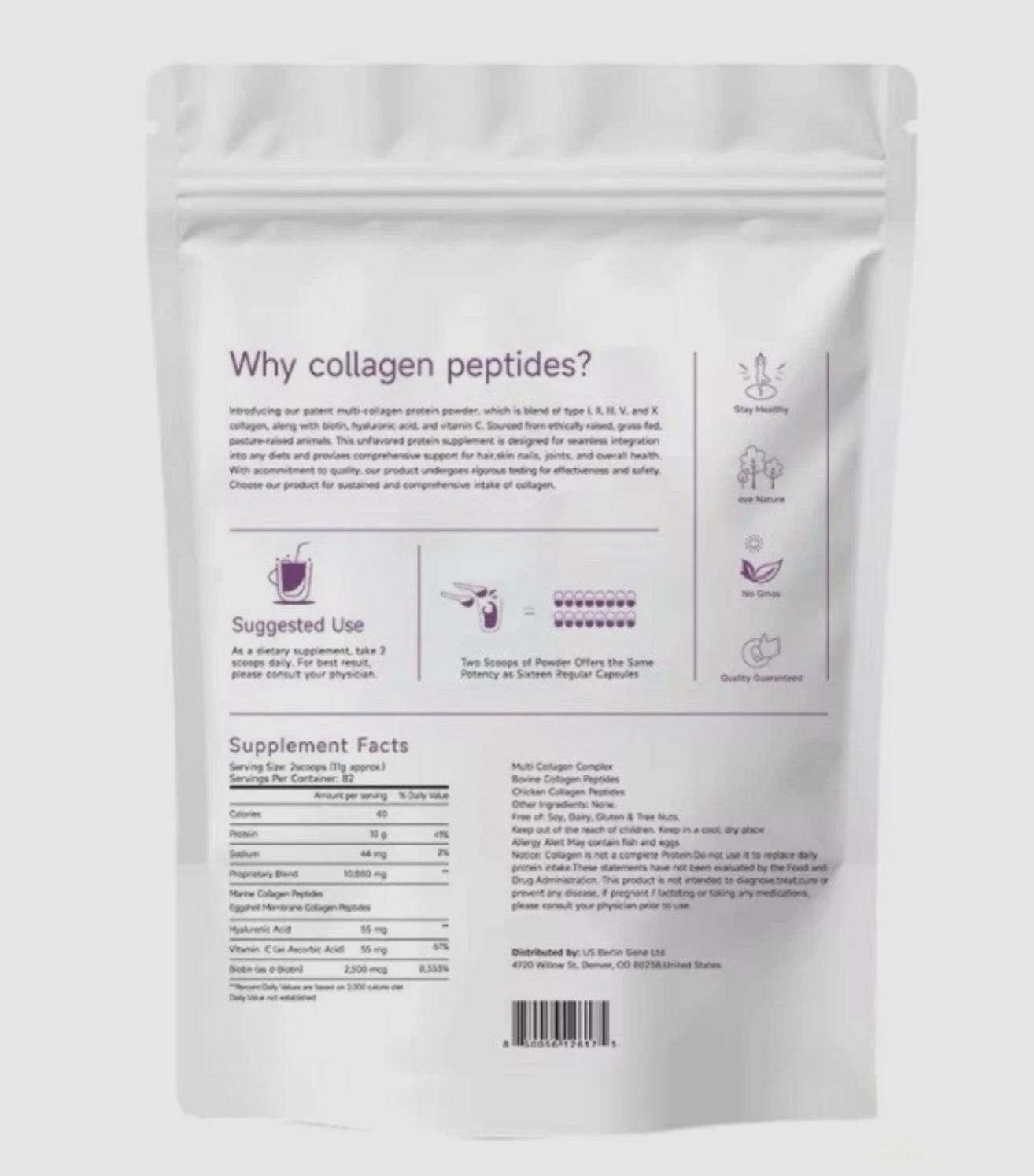 Multi Collagen Peptides Type I, II, III, V, X-Unflavored with Biotin, Vitamin C