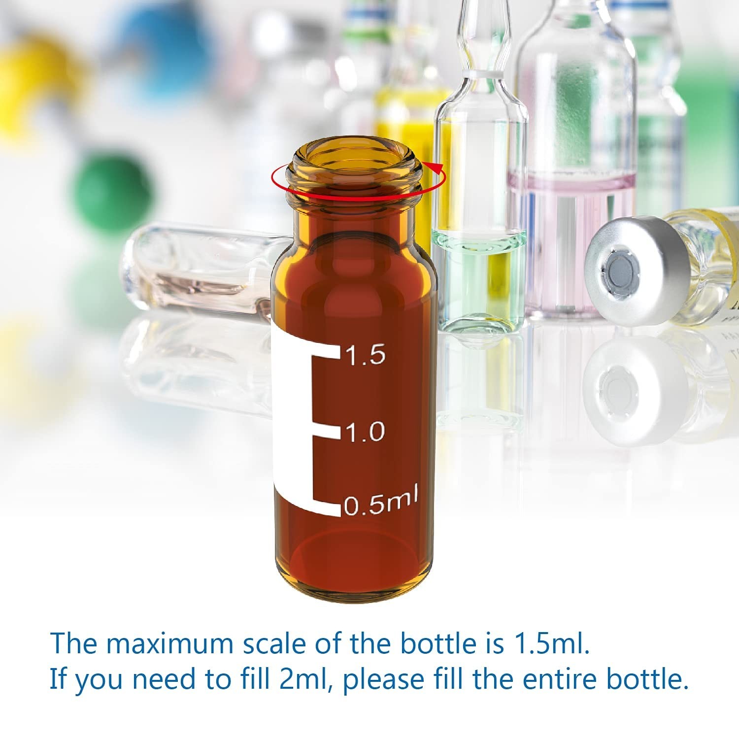 100PCS 2ml Autosampler Vials Amber Lab vials Glass Bottle w/ Cap Sample Vials US