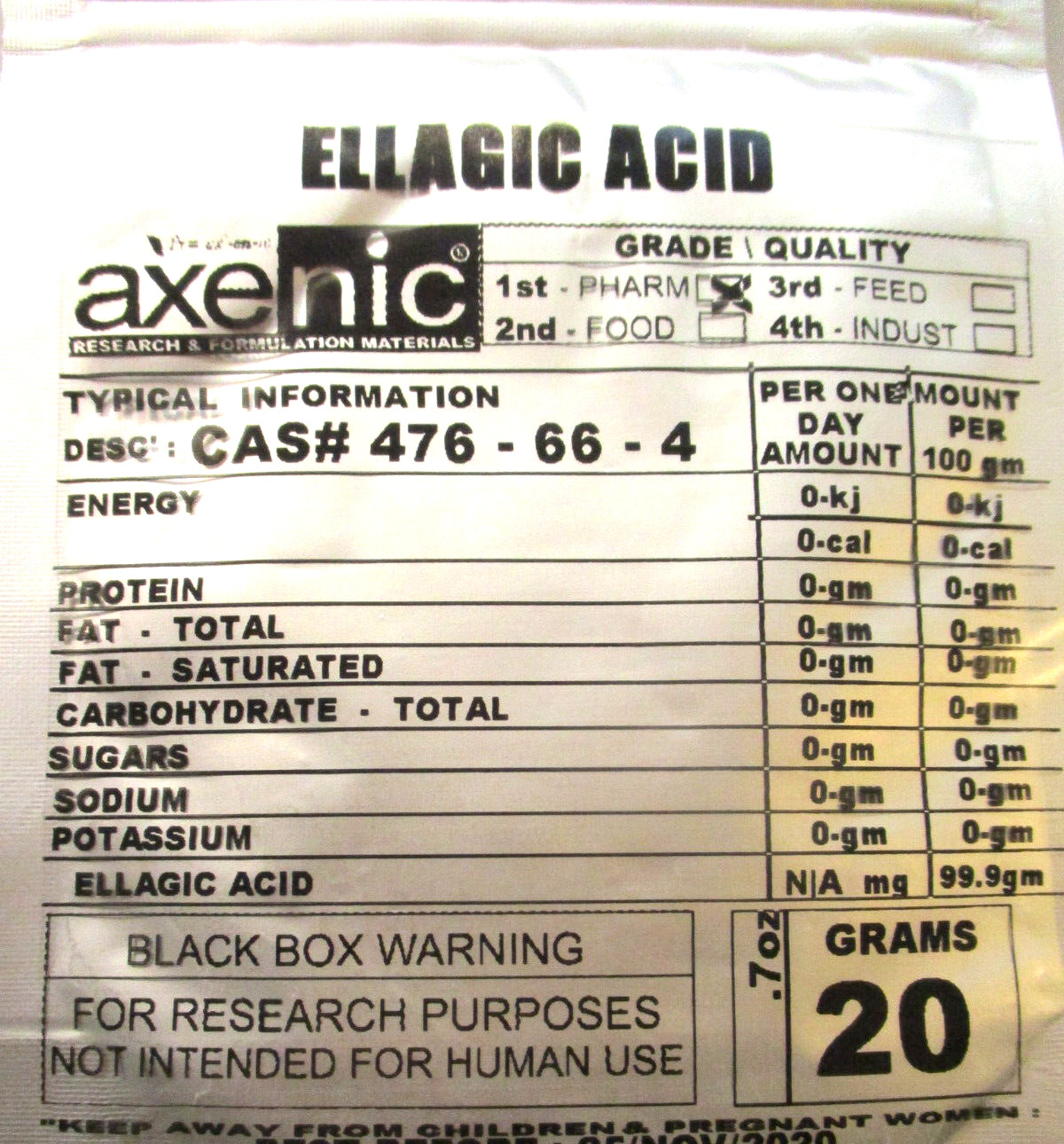 20 Gram ELLAGIC Acid 98%,CAS# 476-66-4, Wolfberry Extract,similar PUNICIC Acid